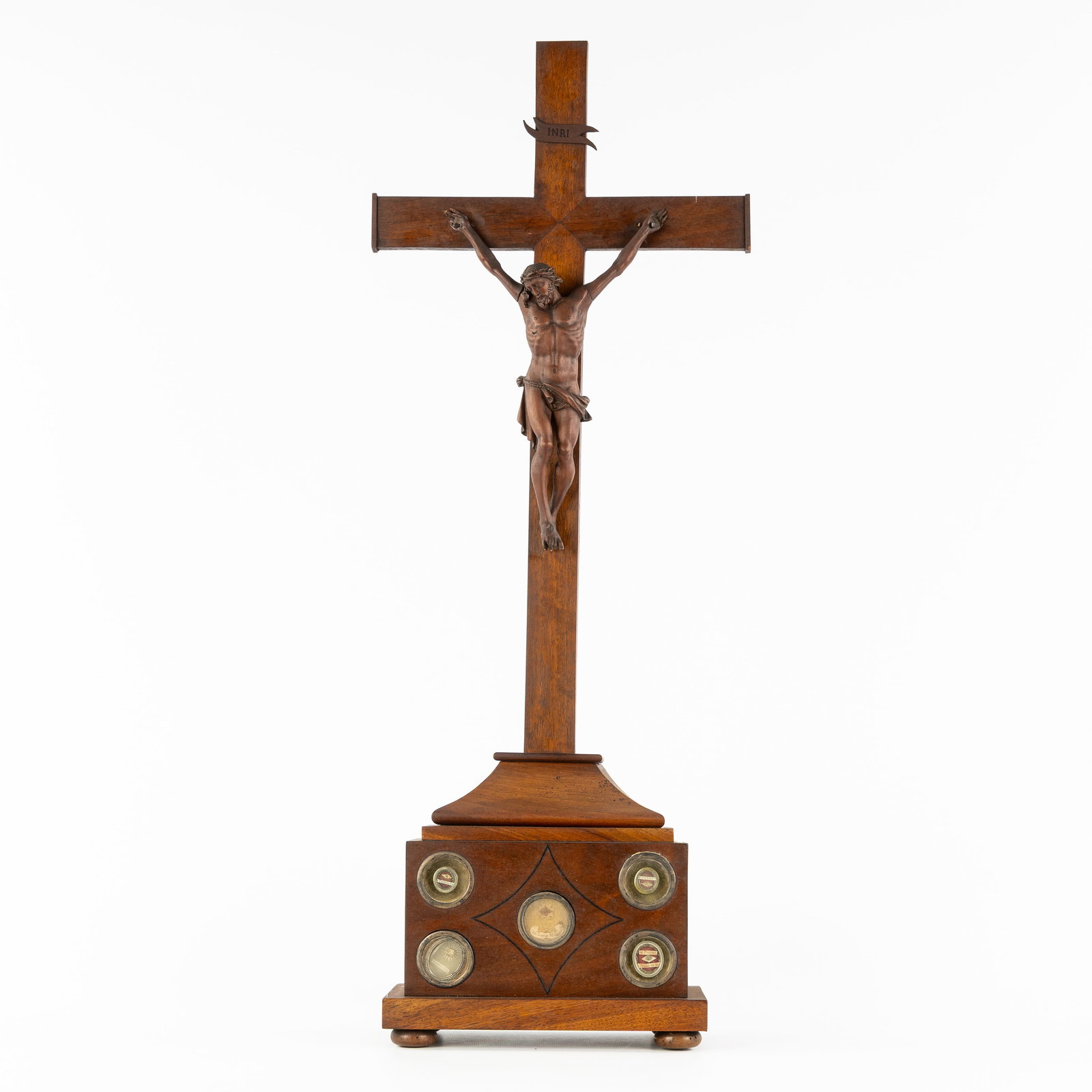A Wood-sculptured reliquary crucifix with 5 sealed theca with relics for the True Cross and Saints. (1 of 12)