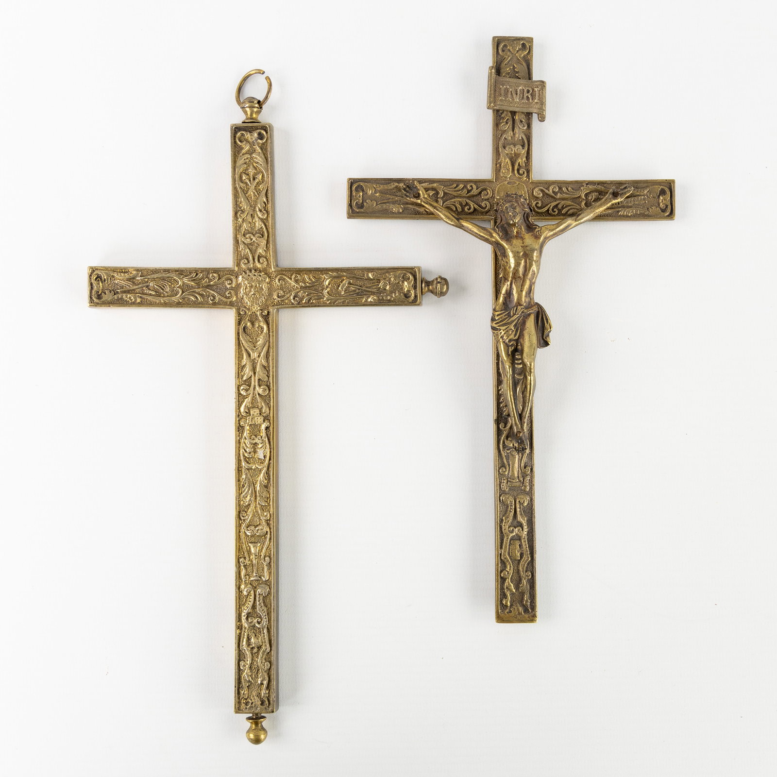 A Brass reliquary crucifix with Corpus Christi and Instruments of the Passion, without relics. (1 of 6)