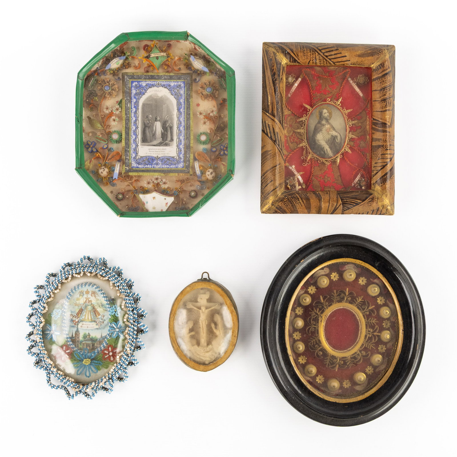 A Collection of 5 devotional frames and reliquary frames, folk art. (1 of 7)