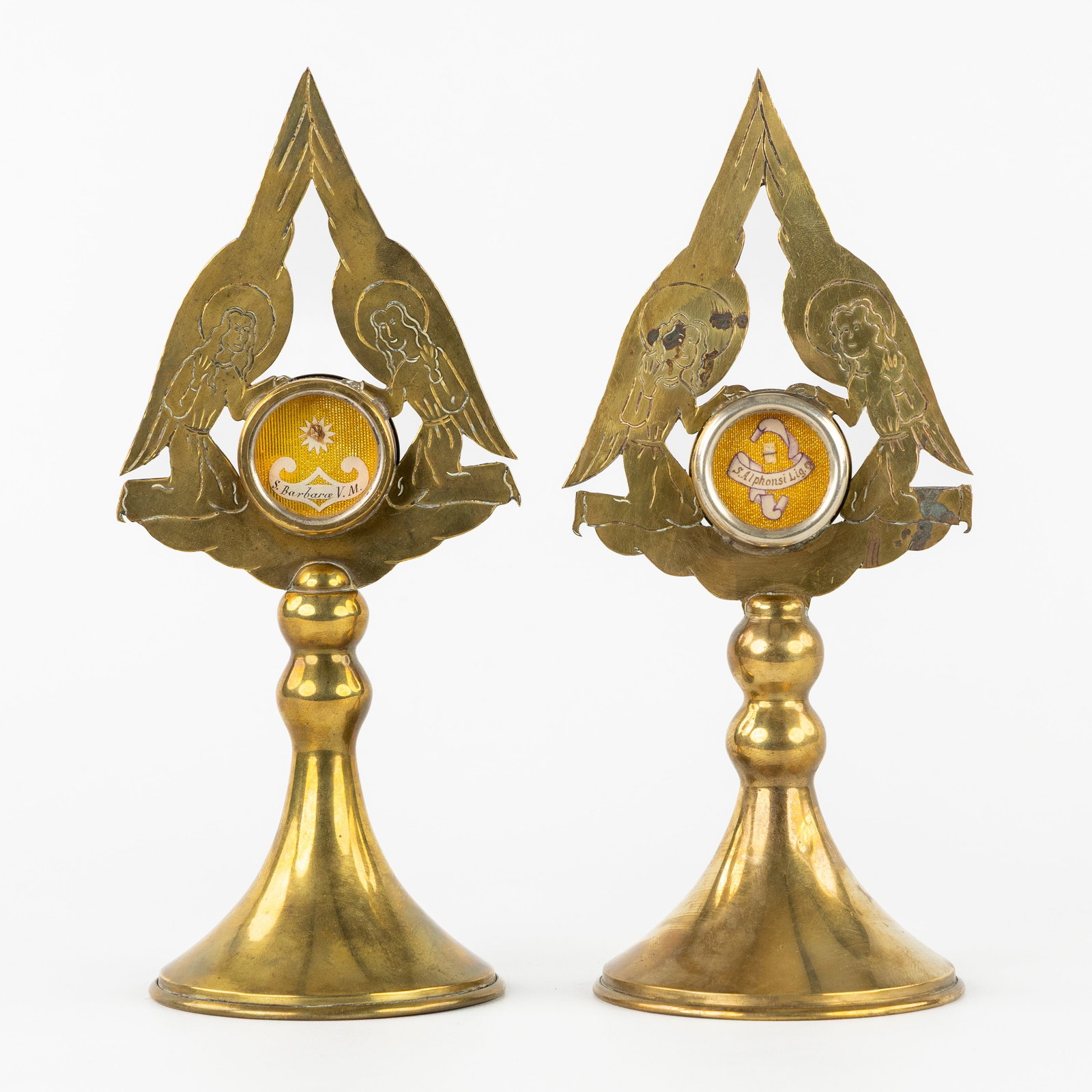 Two Brass reliquary stands with sealed theca with Relics of Saint Barbara and Saint Alphonsus of