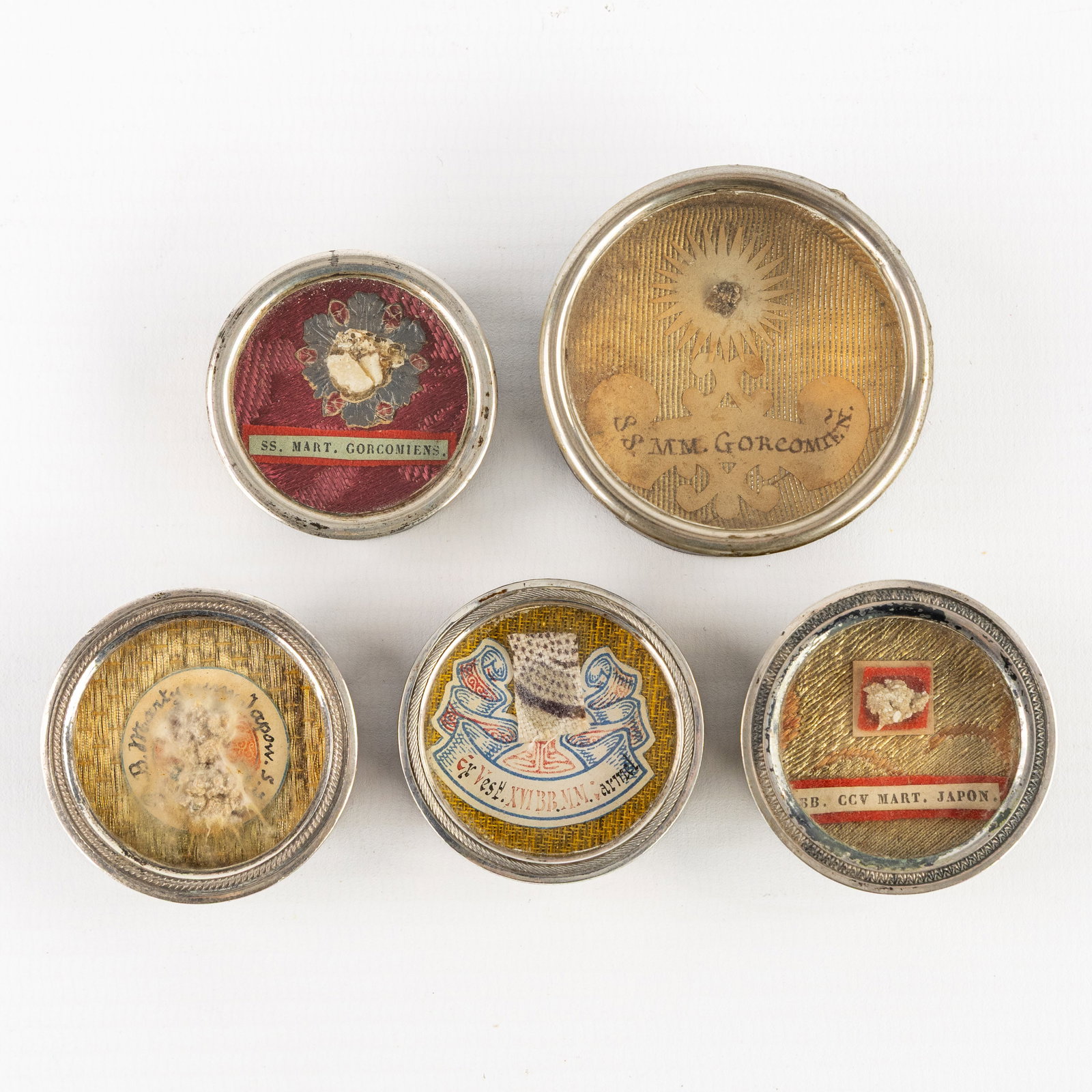 Five sealed theca with relics of Great Martyrdoms, Gorcum, Japan and The 16 Blessed Martyrs of (1 of 2)