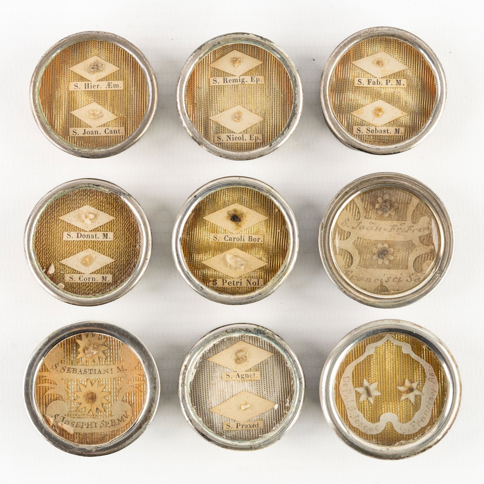 Nine sealed theca with relics for Saints, Martyrs, Popes and Bishops. Saint Nicholas of Myra, Saint (1 of 2)