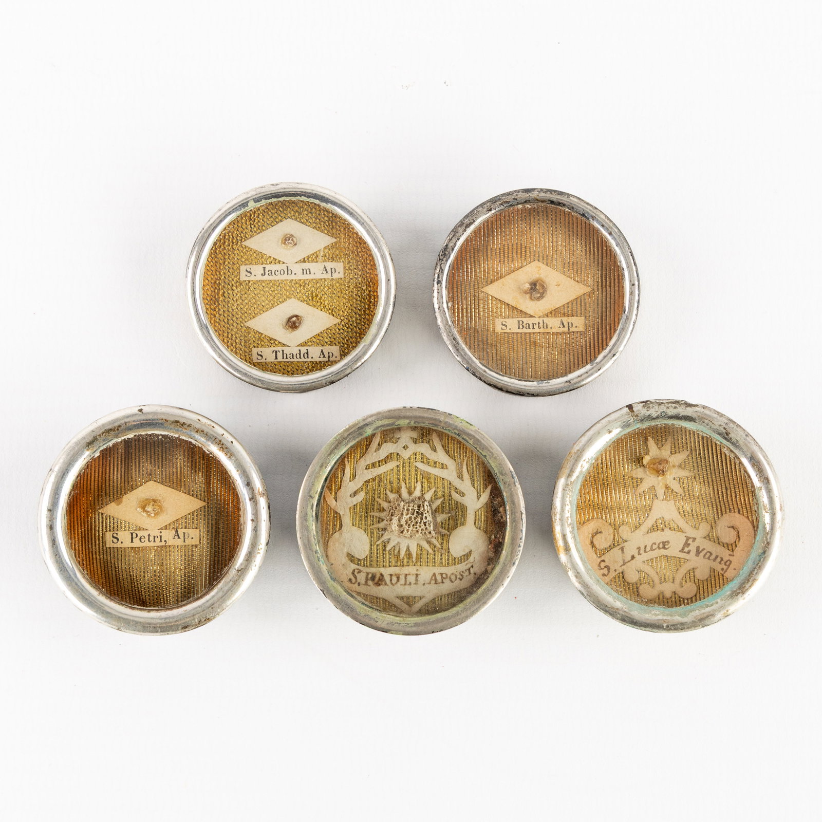 Five sealed theca with relics for Apostles and Evangelists. (1 of 2)