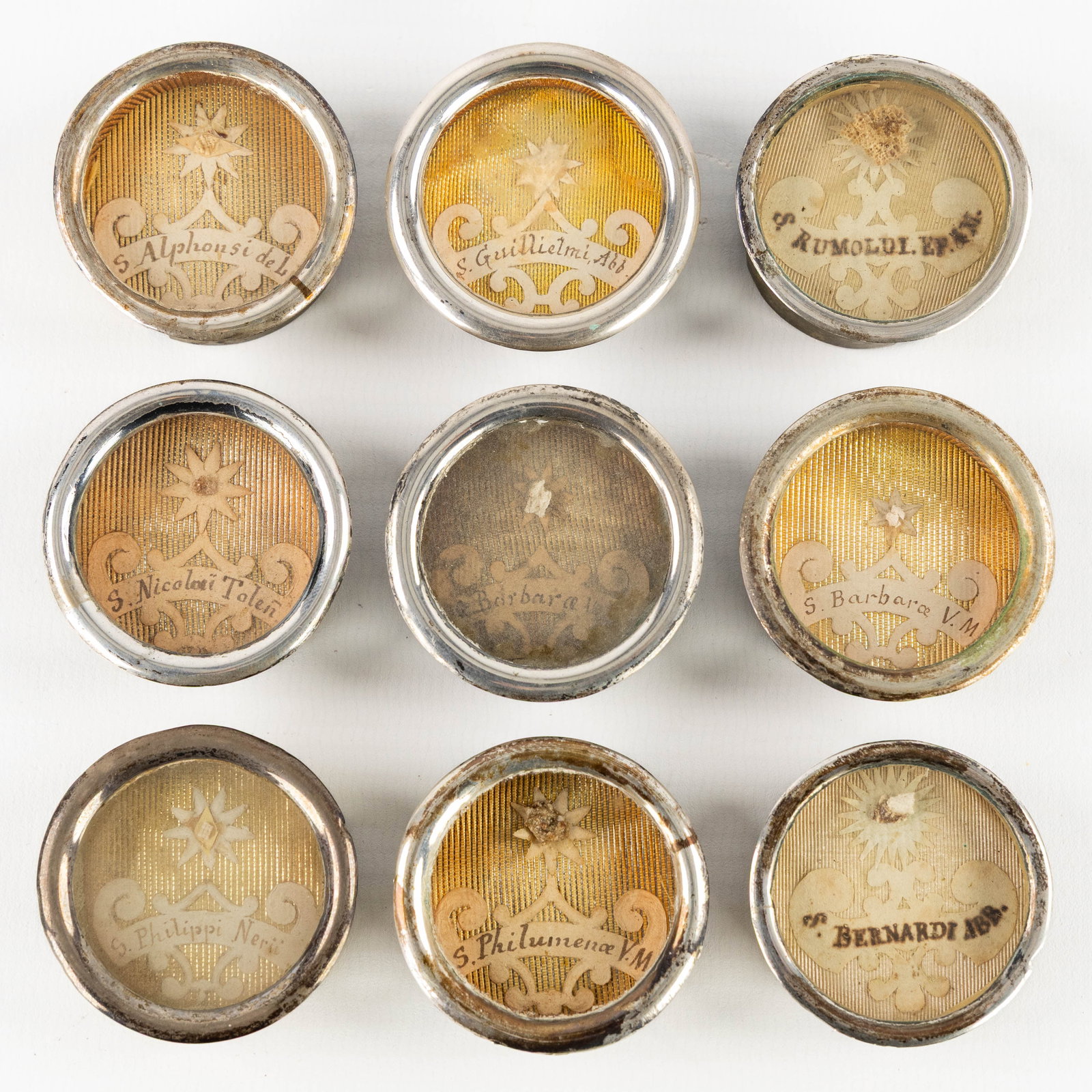 Nine Sealed theca with relics for Saints, Bishops, and Abbots. (1 of 2)