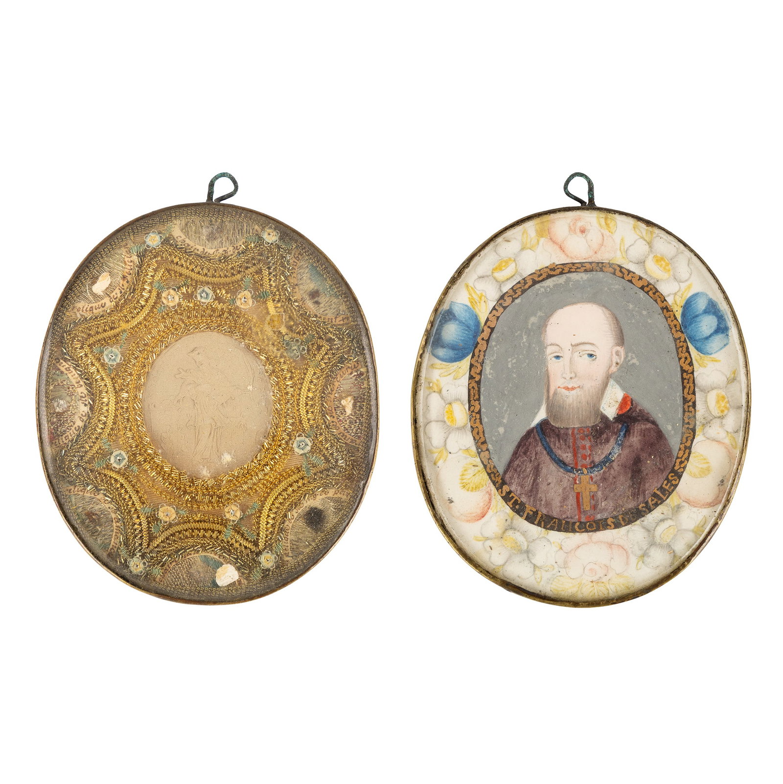 An Antique Pendant with Relics and a Relief Stamp, Miniature Painting of Saint Francis de Sales. (1 of 3)