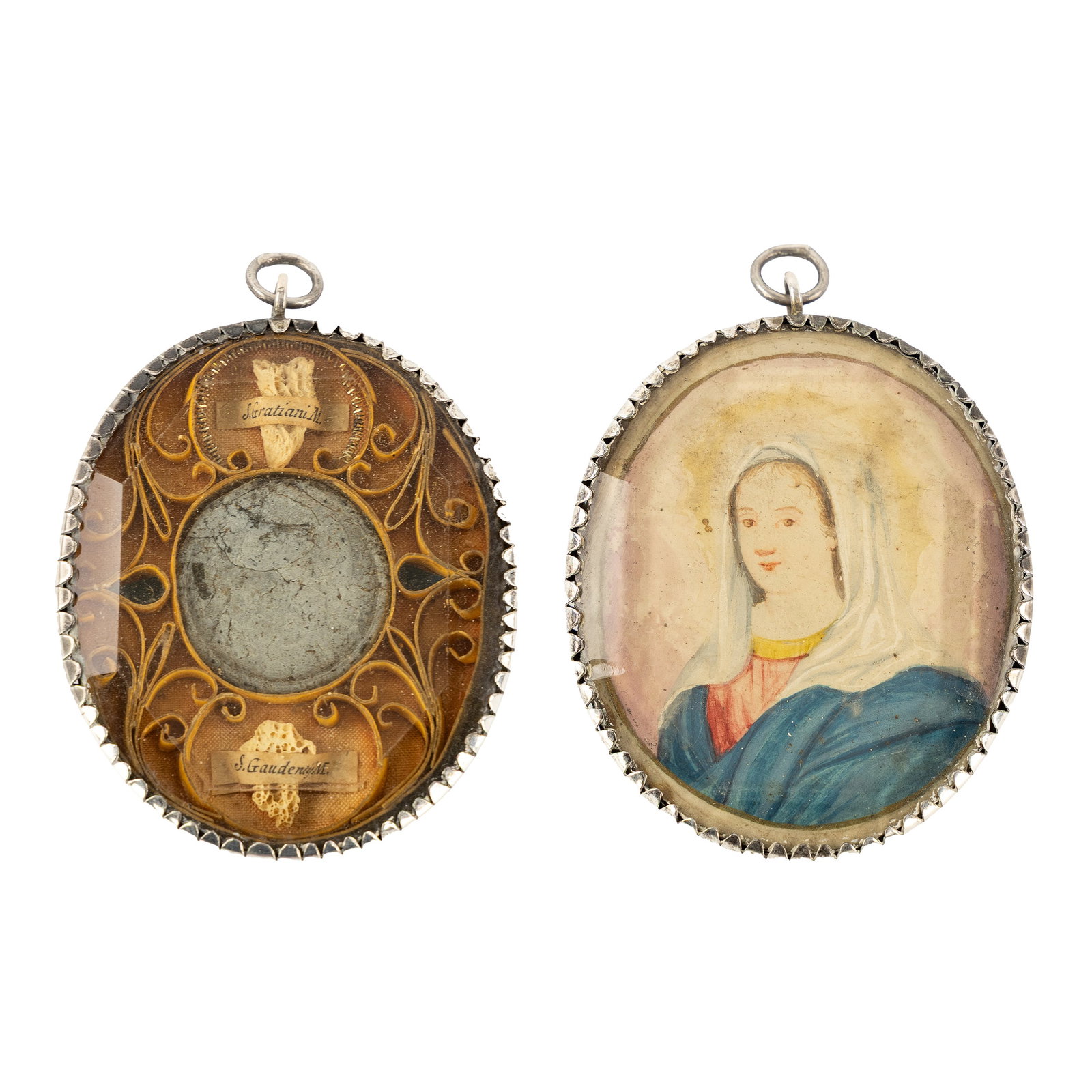 A Reliquary pendant with miniature painting of the Blessed Virgin Mary and Relics for Saints and (1 of 3)
