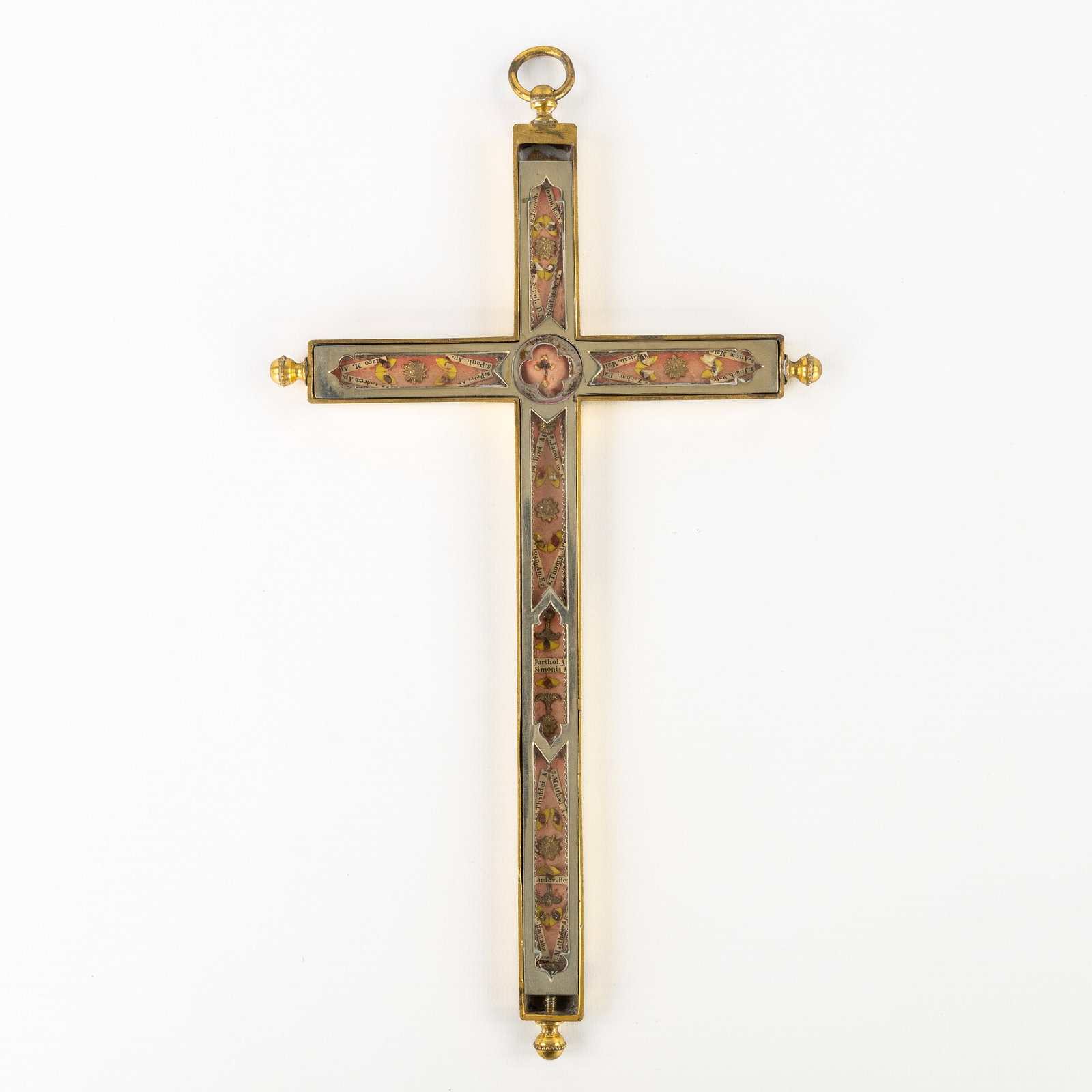 A large, sealed, cross-shaped theca containing relics of the True Cross, the Apostles, Evangelists,: A large, sealed, cross-shaped theca containing relics of the True Cross, the Apostles, Evangelists, and King Louis IX of France. Relics for: Saint John The Baptist (S. Joan Bapt.) Saint Joseph, Spouse