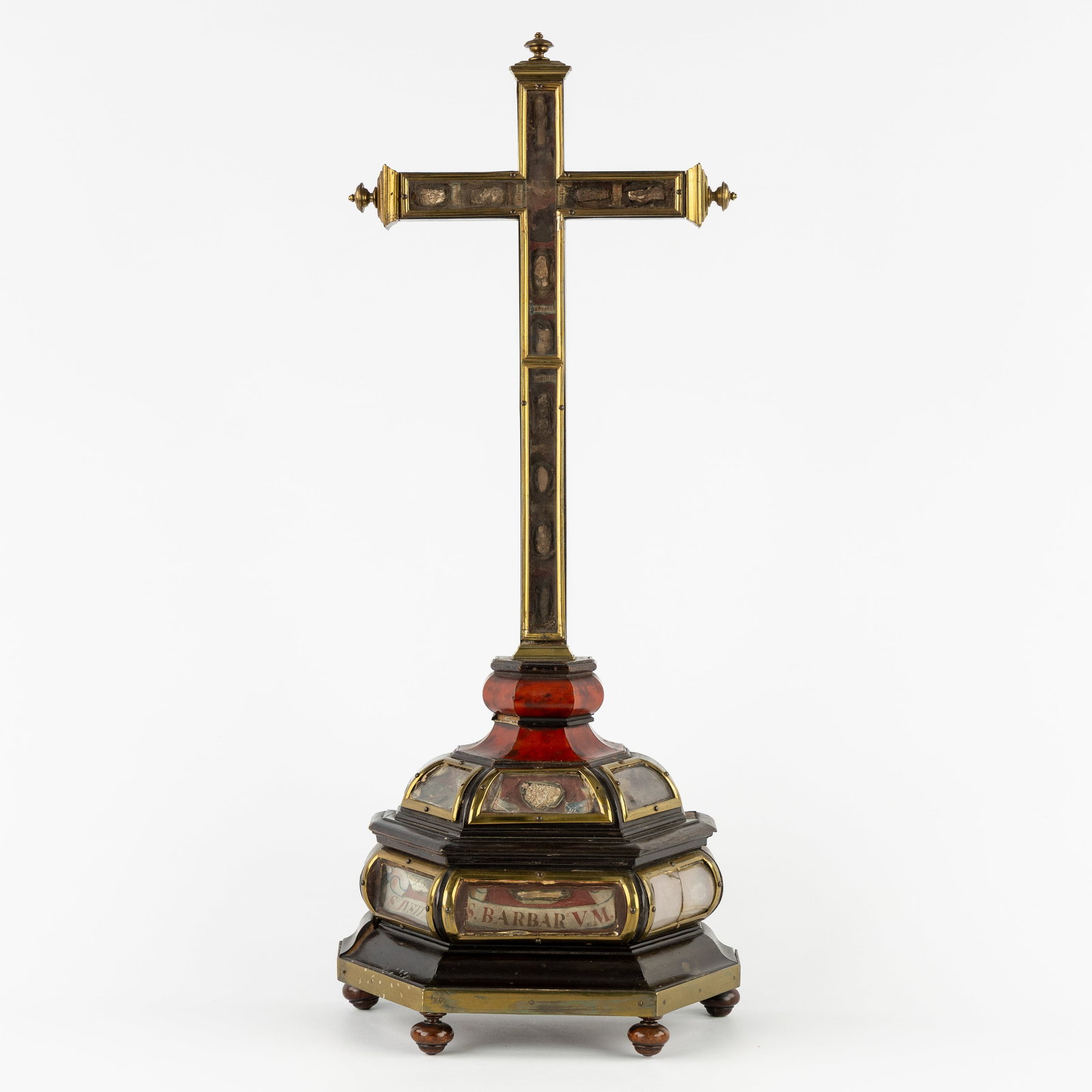 A Large reliquary crucifix with relics for 15 Saints, Brass and tortoiseshell inlay. Baroque style. (1 of 14)
