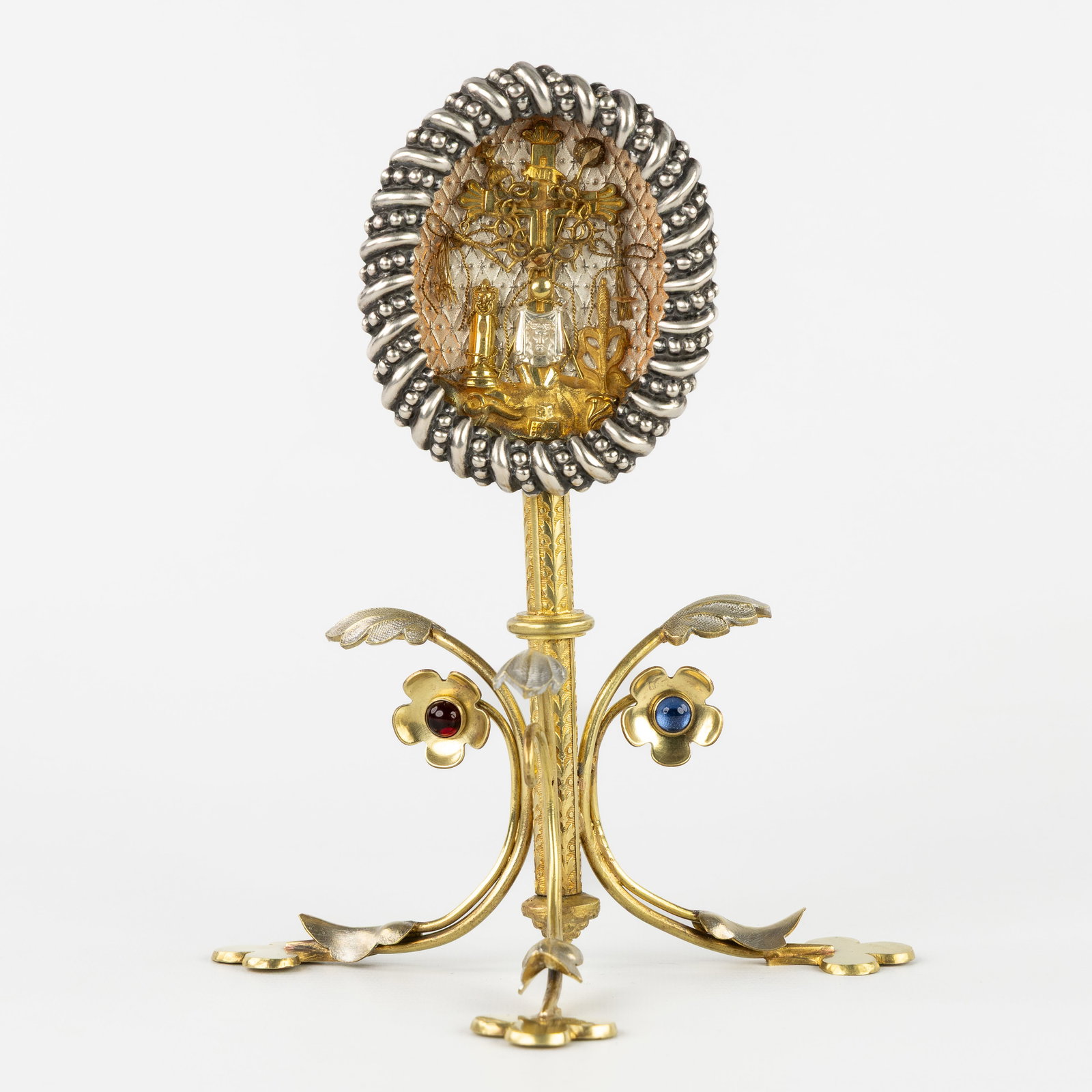 An exceptional and rare sealed multi-theca with relics of the Passion Cycle of Jesus Christ, mounted: An exceptional and rare sealed multi-theca with relics of the Passion Cycle of Jesus Christ, mounted in a Gothic Revival stand. Relics for DNJC - Domini Nostri Jesu Christi - Our Lord Jesus Christ: