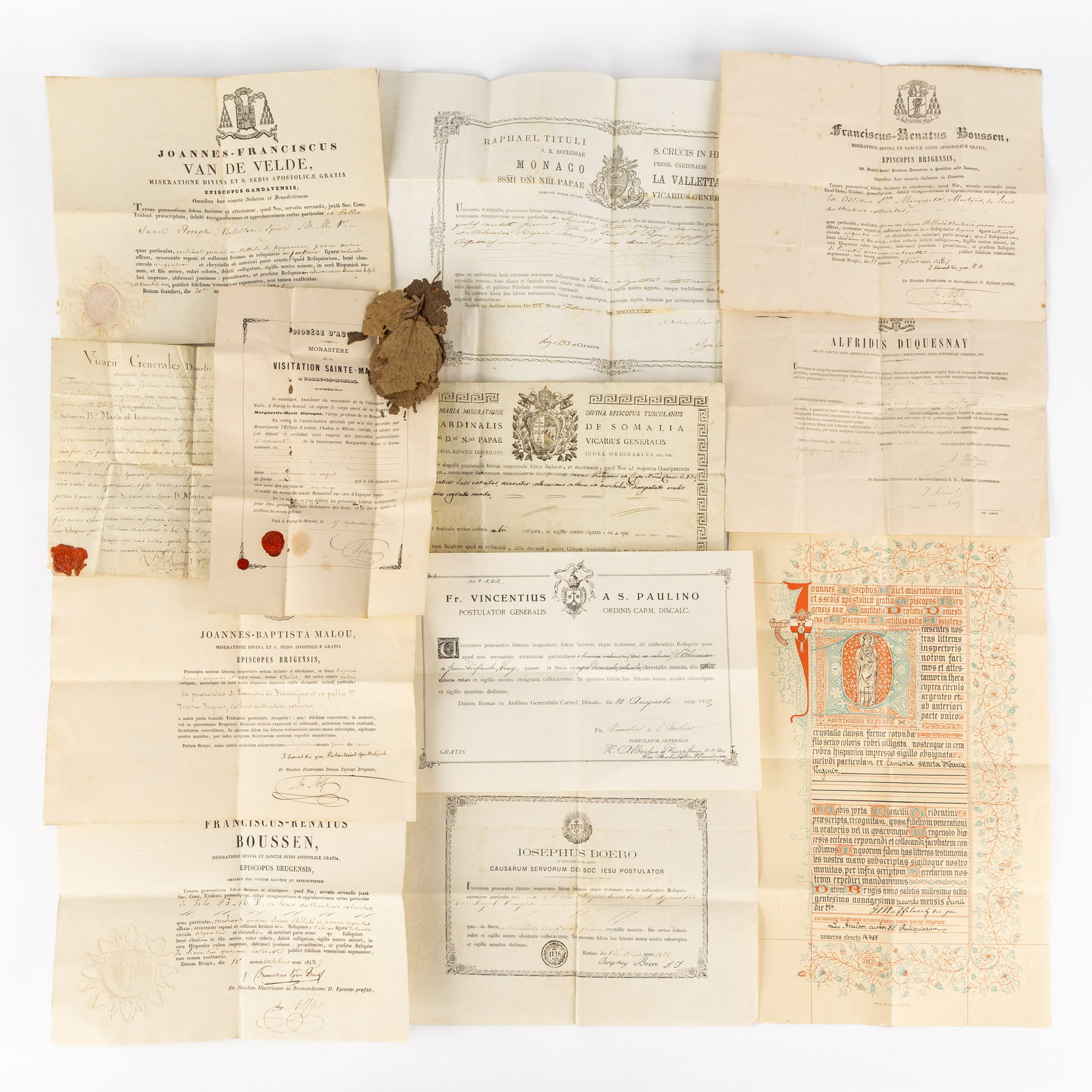 A Collection of 12 documents for theca and relics, 1 of which contains a relic of Margaret Mary (1 of 5)
