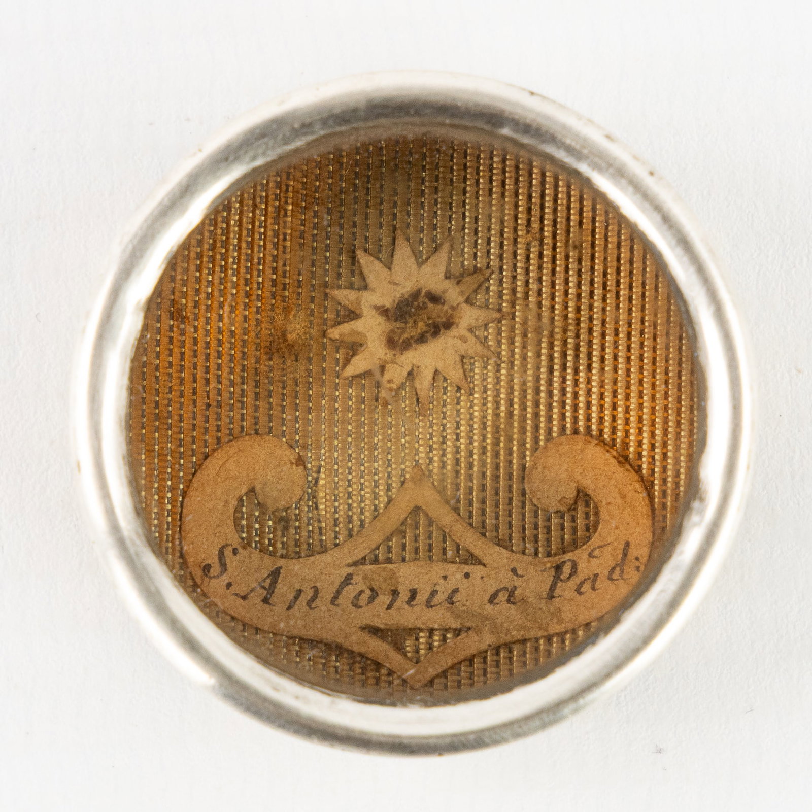 A Sealed theca with Relic of Saint Anthony of Padua, including the document.: A Sealed theca with Relic of Saint Anthony of Padua, including the document. From the bones of Saint Anthony of Padua, Confessor(Ex Ossibus S. Antonii a Padua conf.). The relic includes the documen