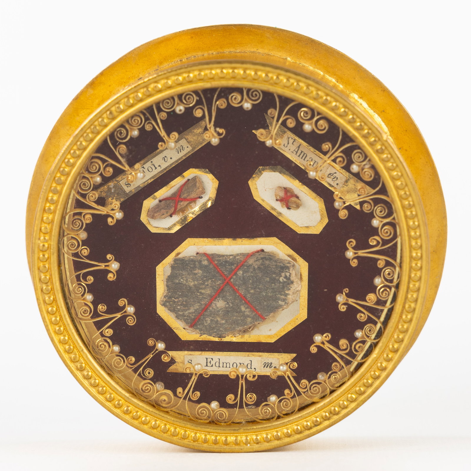 A Large sealed multi-theca with 3 relics for Saints, including the document. (1 of 5)