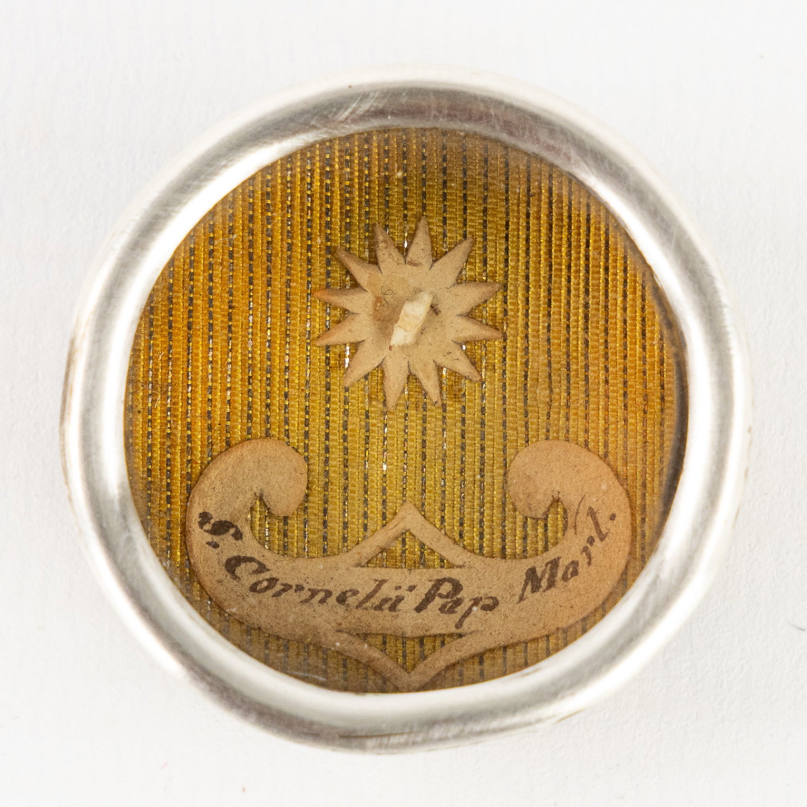 A Sealed theca with Relic of Saint Cornelius, Pope and Martyr, including the document. (1 of 3)