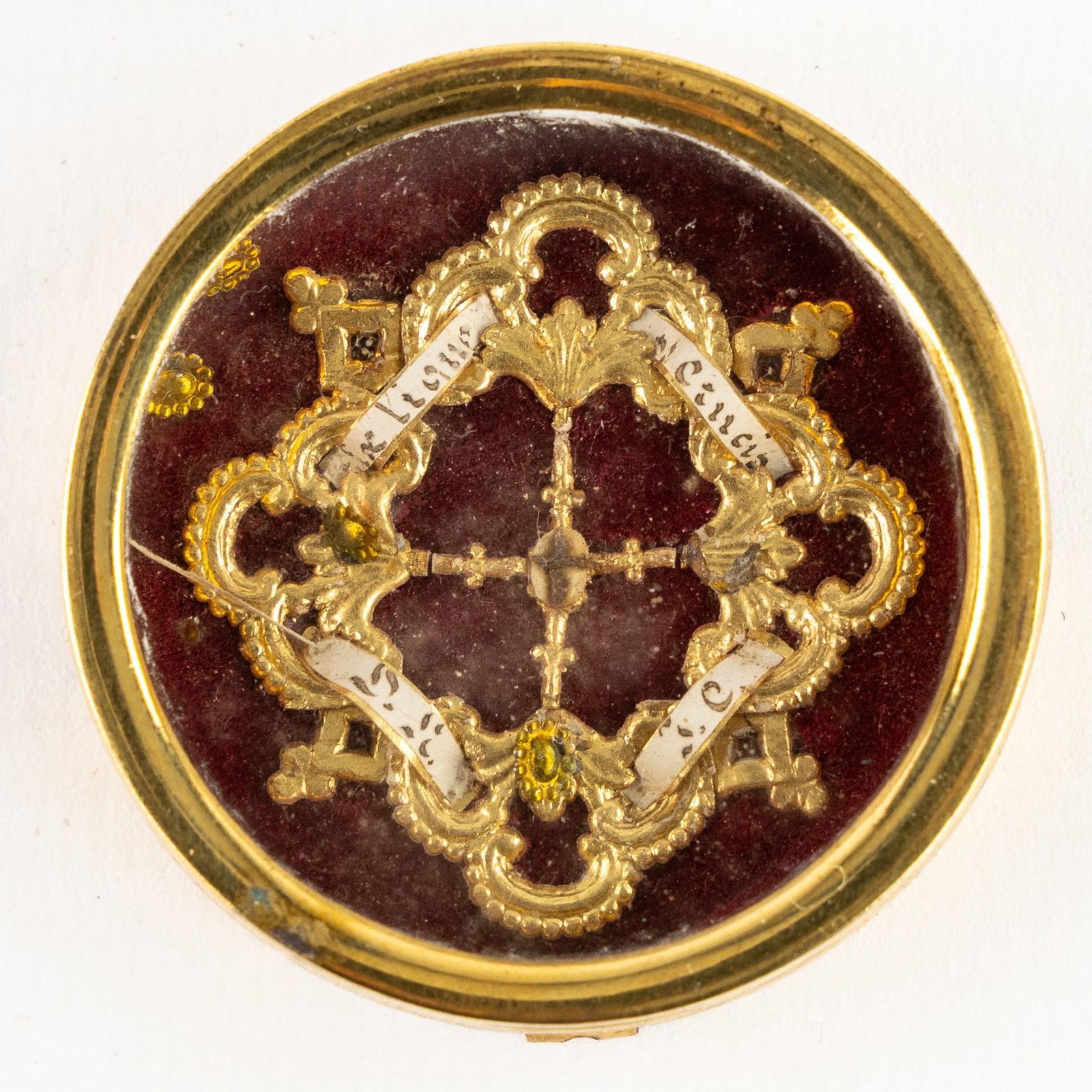 A theca with a relic of the True Cross, 'De Ligno Cruxcis D.N.J.C.' including the document.: A theca with a relic of the True Cross, 'De Ligno Cruxcis D.N.J.C.' including the document. Relic for: The true cross of Our Lord Jesus Christ (De Ligno Cruxis Domini Nostri Jesu Christi)