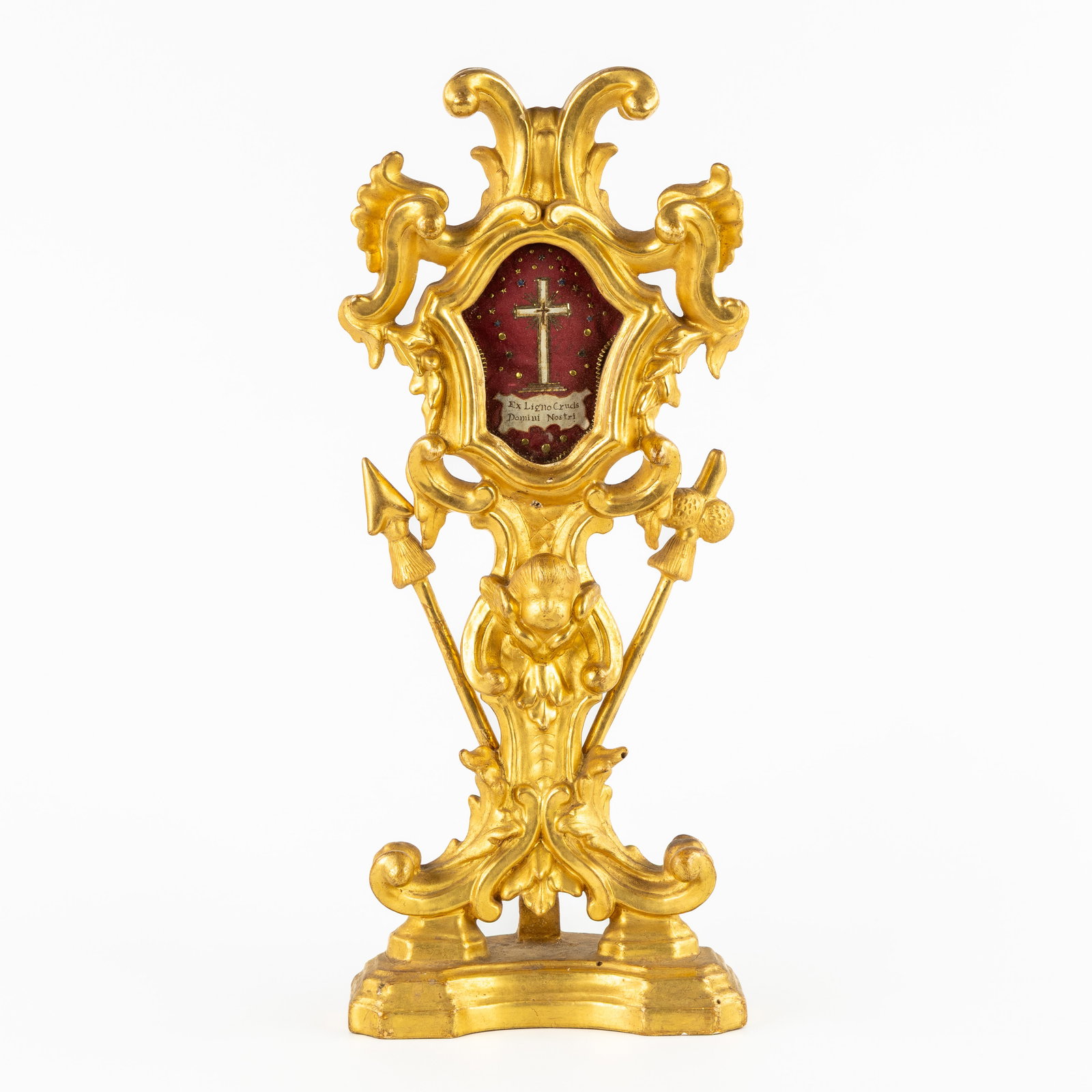 A wood-sculptured and gilt shrine, decorated with the objects of the Passion, Arma Christi, and a (1 of 7)