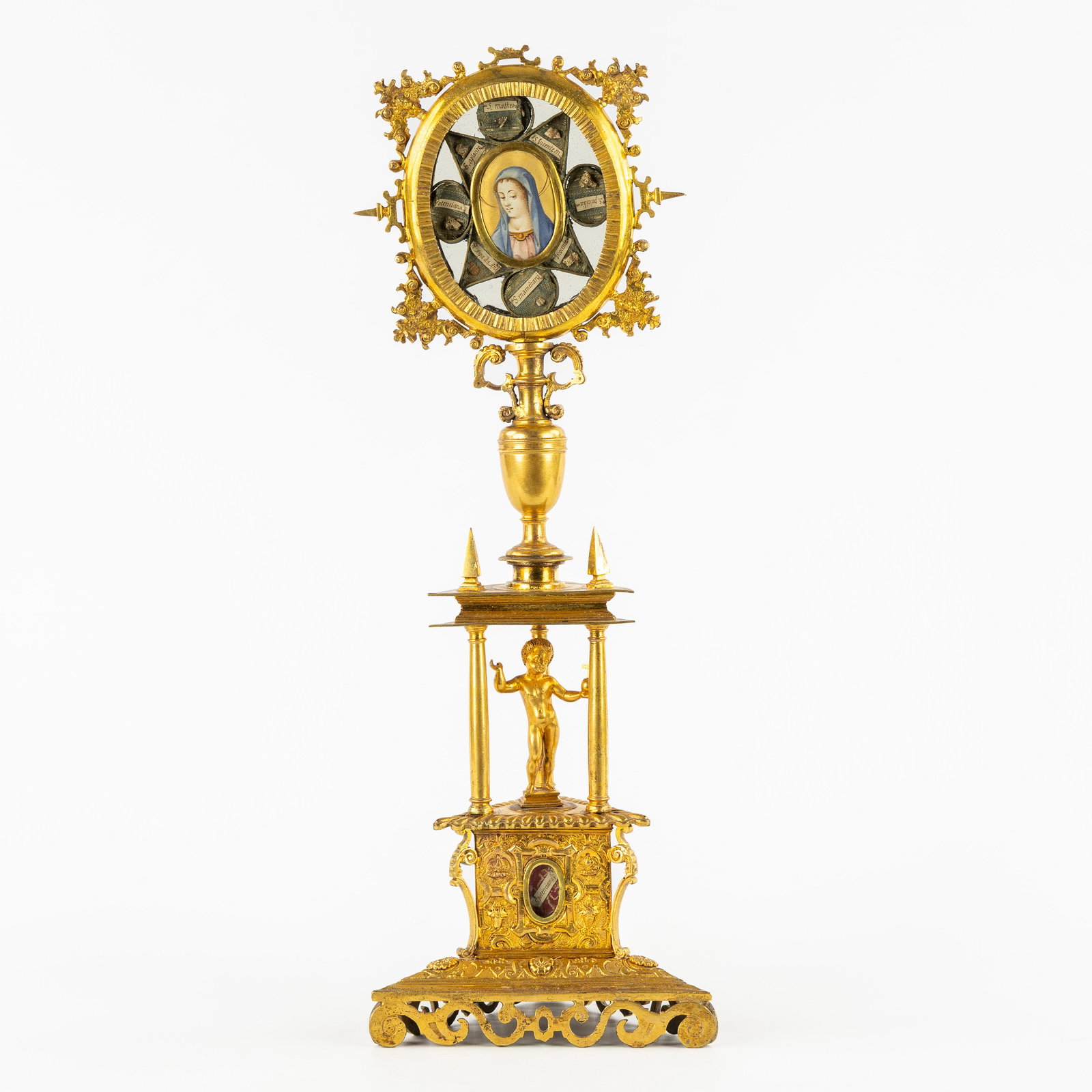 Haute époque, an exceptional gilded bronze reliquary with relics of Apostles and Saints, Spain, (1 of 12)