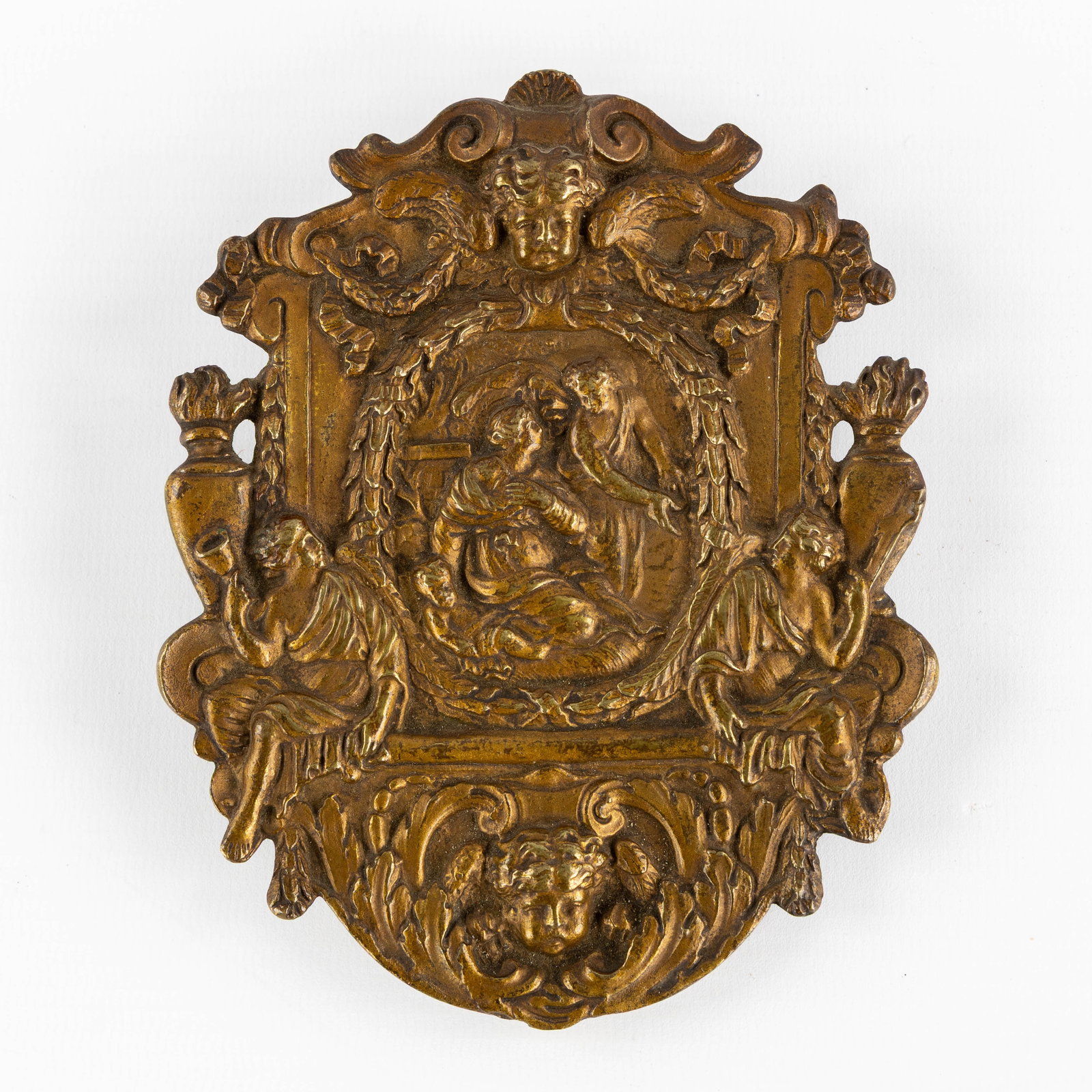 Haute époque, A bronze plaque, 'The Nativity of Jesus', Baroque period, 17th C.: Haute époque, A bronze plaque, 'The Nativity of Jesus', Baroque period, 17th century. Bronze.Plaque with repousse decoration, 'The Birth of Christ' or 'The Nativity of Jesus', featuring Mary, the Chi