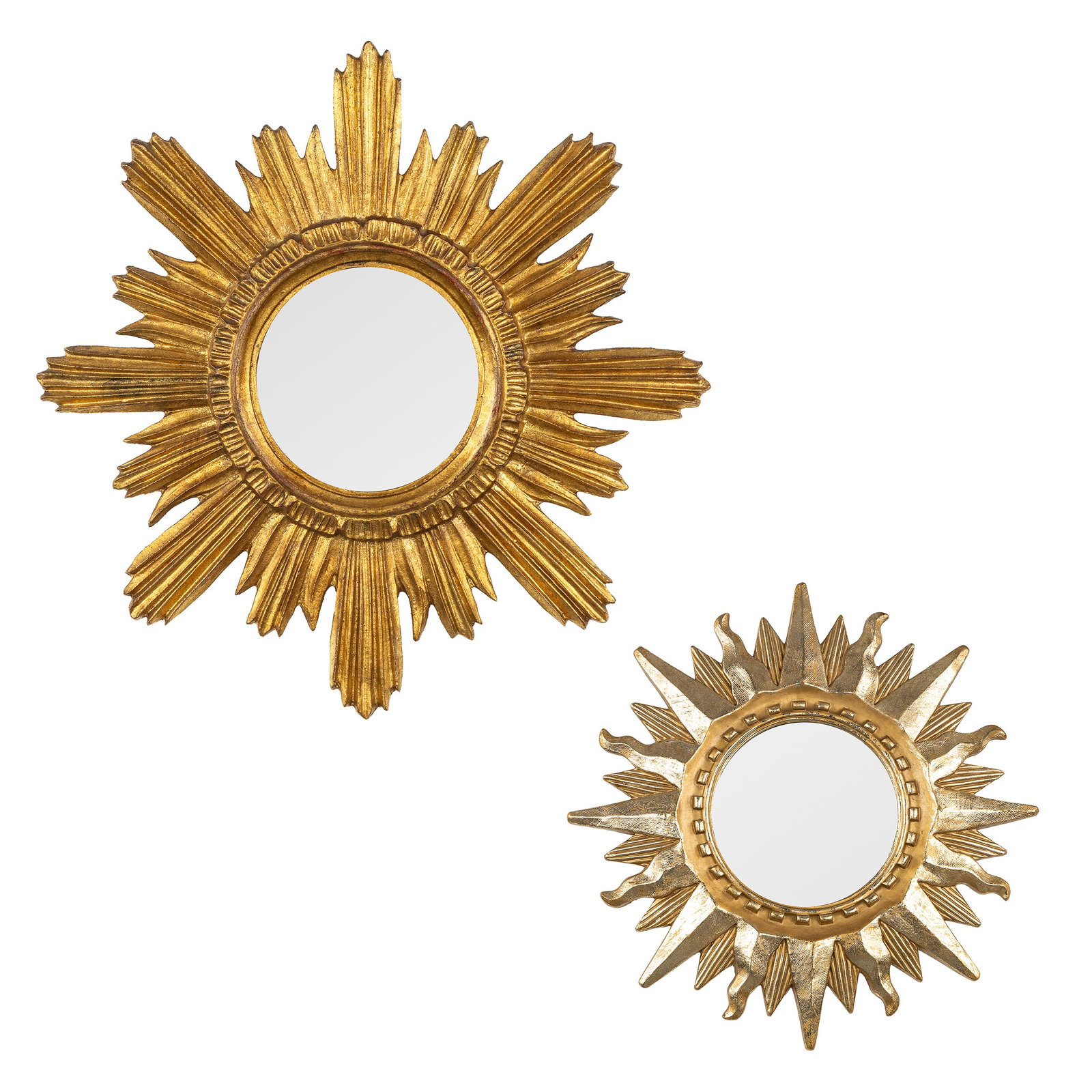 Two Mid-Century sunburst mirrors, gilded, convex and plane mirror. Circa 1970 and later. (1 of 5)