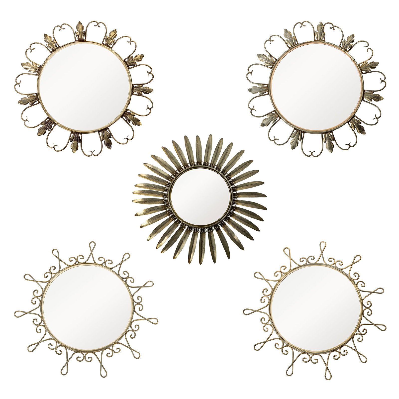 Five Mid-Century Sunburst mirrors, gilded metal, convex glass, circa 1970.: Five Mid-Century Sunburst mirrors, gilded metal, convex glass, circa 1970. Gilded metal. Convex mirror. Circa 1970. (D: 44 cm / D: 46 cm / D: 48 cm) Dimensions: (W:48 cm) The absence