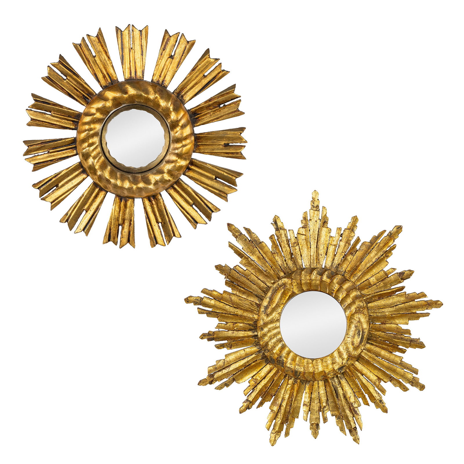 Two Mid-Century Sunburst Mirrors, Gilt and sculptured wood, Convex Glass. Circa 1970.: Two Mid-Century Sunburst Mirrors, Gilt and sculptured wood, Convex Glass. Circa 1970. Convex glass.Gilt and sculptured wood.Circa 1970. D: 30 cmD: 34 cm Dimensions: (W:34 cm) The absence of a conditio