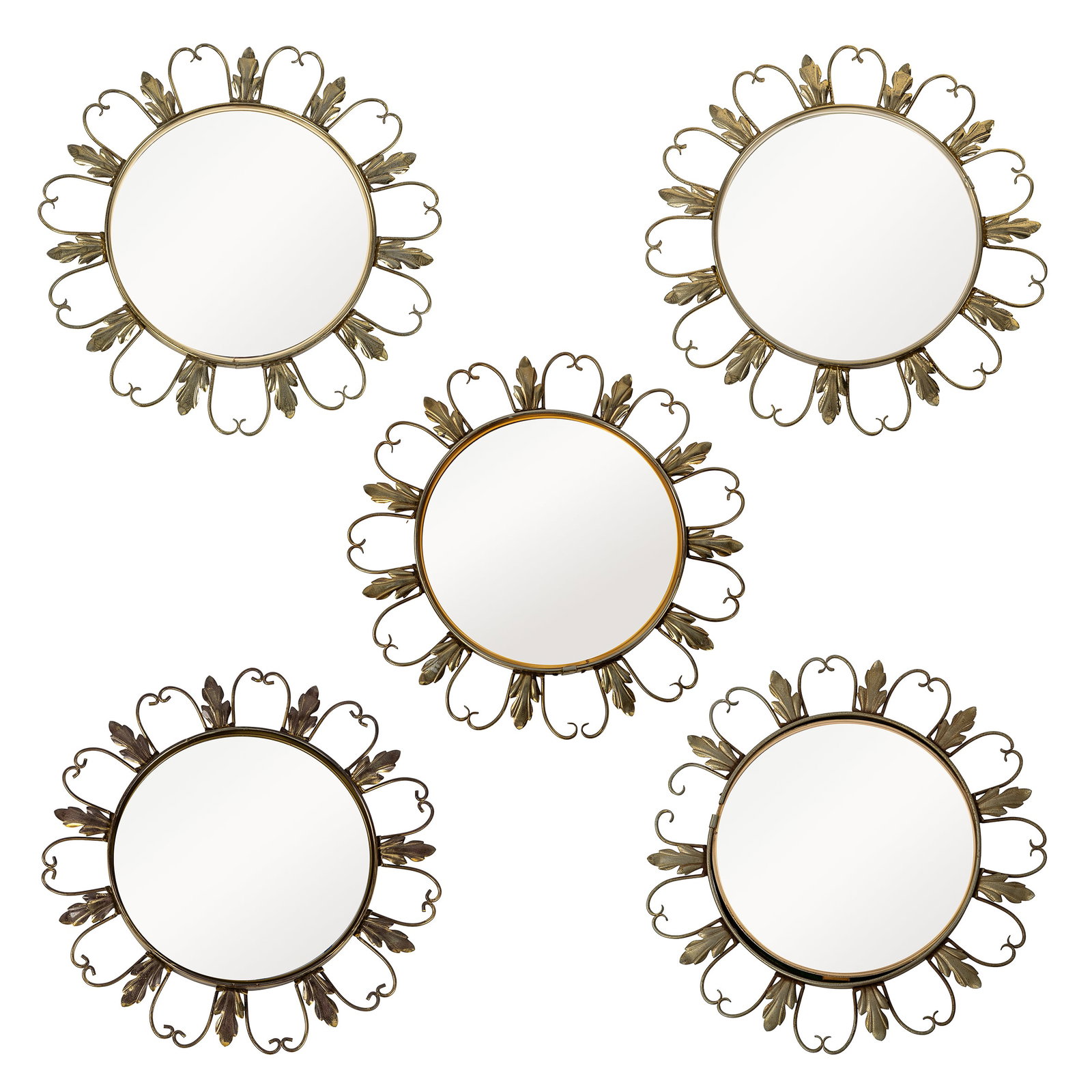 Five Mid-Century Sunburst mirrors, gilded metal, convex glass, circa 1970. (1 of 6)