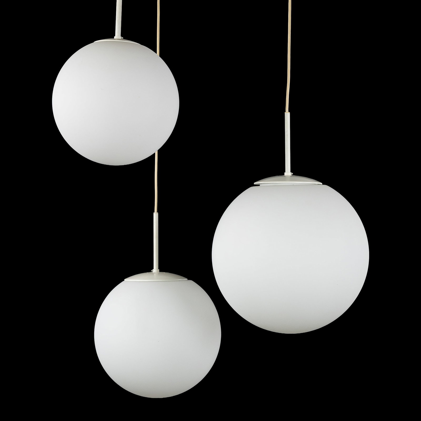 Three Large Opaline Glass Lamps, Glashutte, Germany. Circa 1960-1970.: Three Large Opaline Glass Lamps, Glashutte, Germany. Circa 1960-1970. Opaline glass, in three different sizes: D: 30 - 33 - 36 cm. The heights are adjustable and can vary in length. Dime