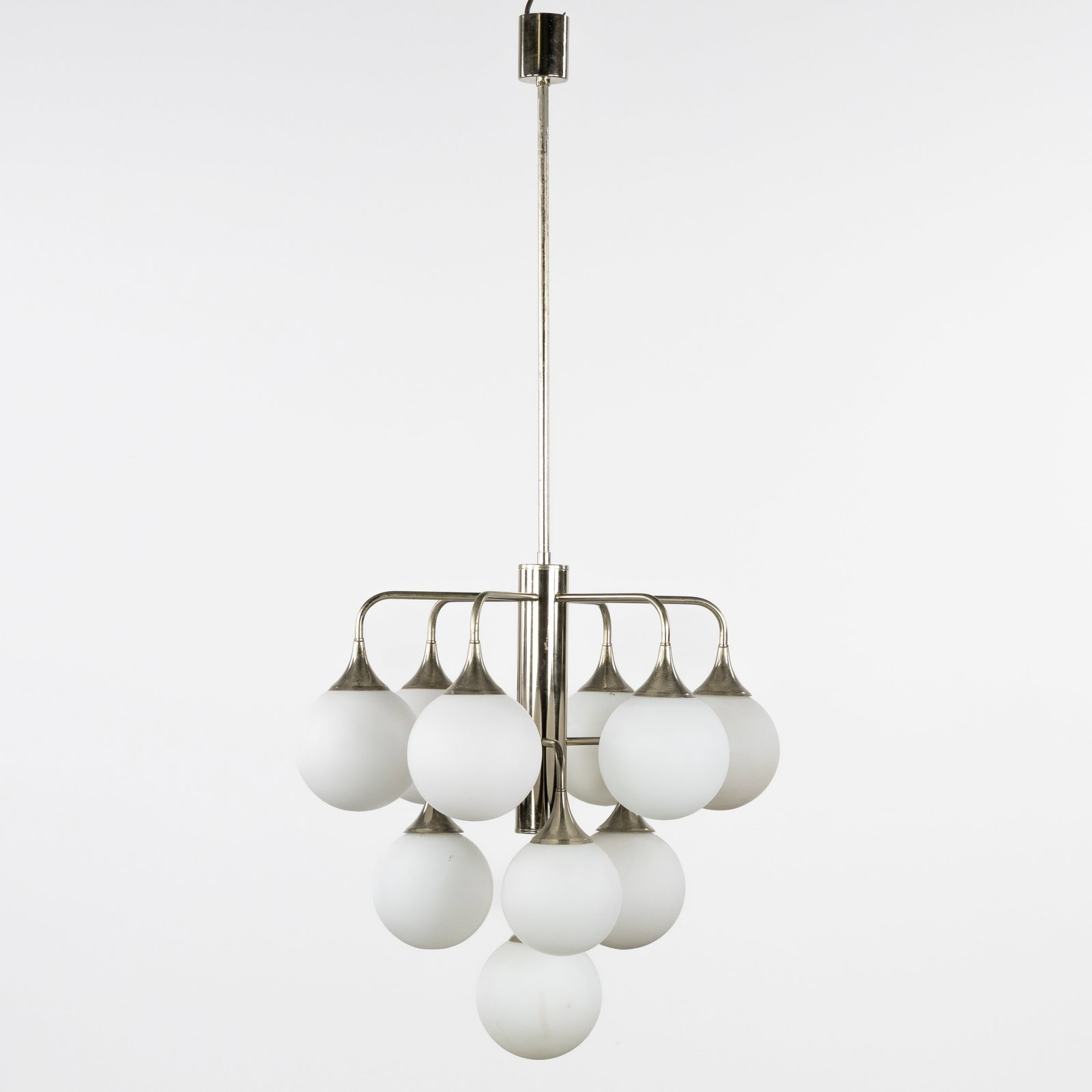 A Chandelier with ten globes, chrome-plated metal and frosted opaline glass, in the style of Gaetano: A Chandelier with ten globes, chrome-plated metal and frosted opaline glass, in the style of Gaetano Sciolari, circa 1970. Chrome-plated metal and frosted opaline glass.In the style of Gaetano Sciolar