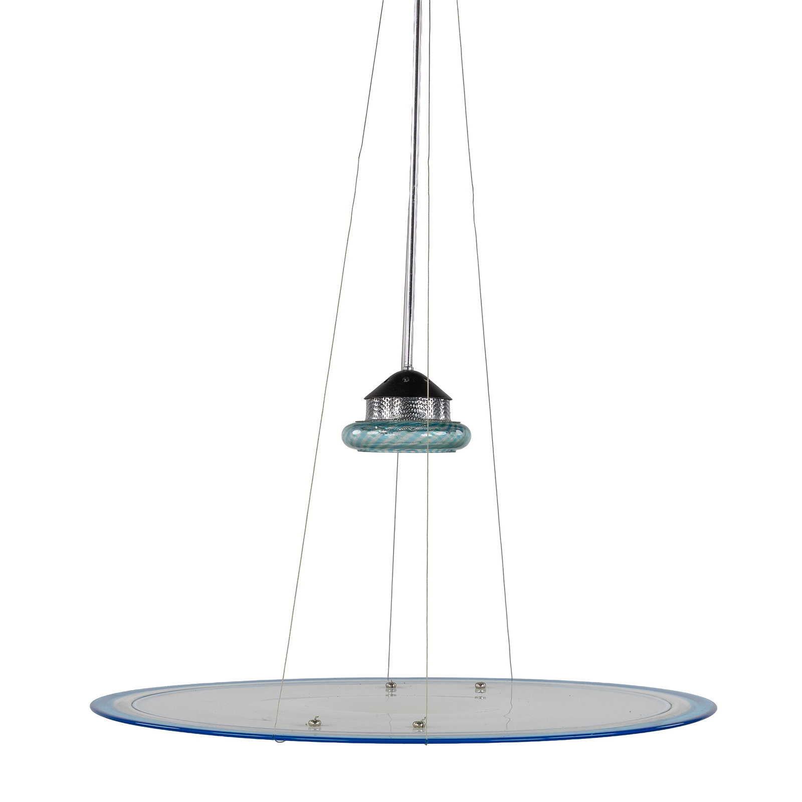 De Majo Murano, 'Res de Majo', a pendant lamp, metal and opaline glass, Murano, Italy, circa: De Majo Murano, 'Res de Majo', a pendant lamp, metal and opaline glass, Murano, Italy, circa 1970-1980. White opaline glass and blue coloured glass.Pendant lamp with a large opaline glass disc with a 