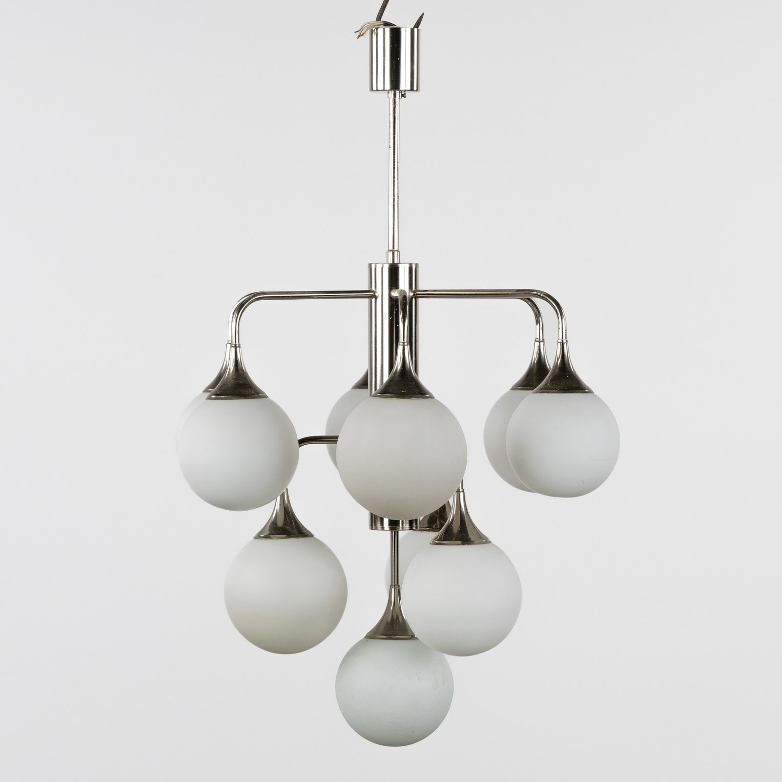 A Chandelier with ten globes, chrome-plated metal and frosted opaline glass, in the style of Gaetano: A Chandelier with ten globes, chrome-plated metal and frosted opaline glass, in the style of Gaetano Sciolari, circa 1970. Chrome-plated metal and frosted opaline glass.In the style of Gaetano Sciolar