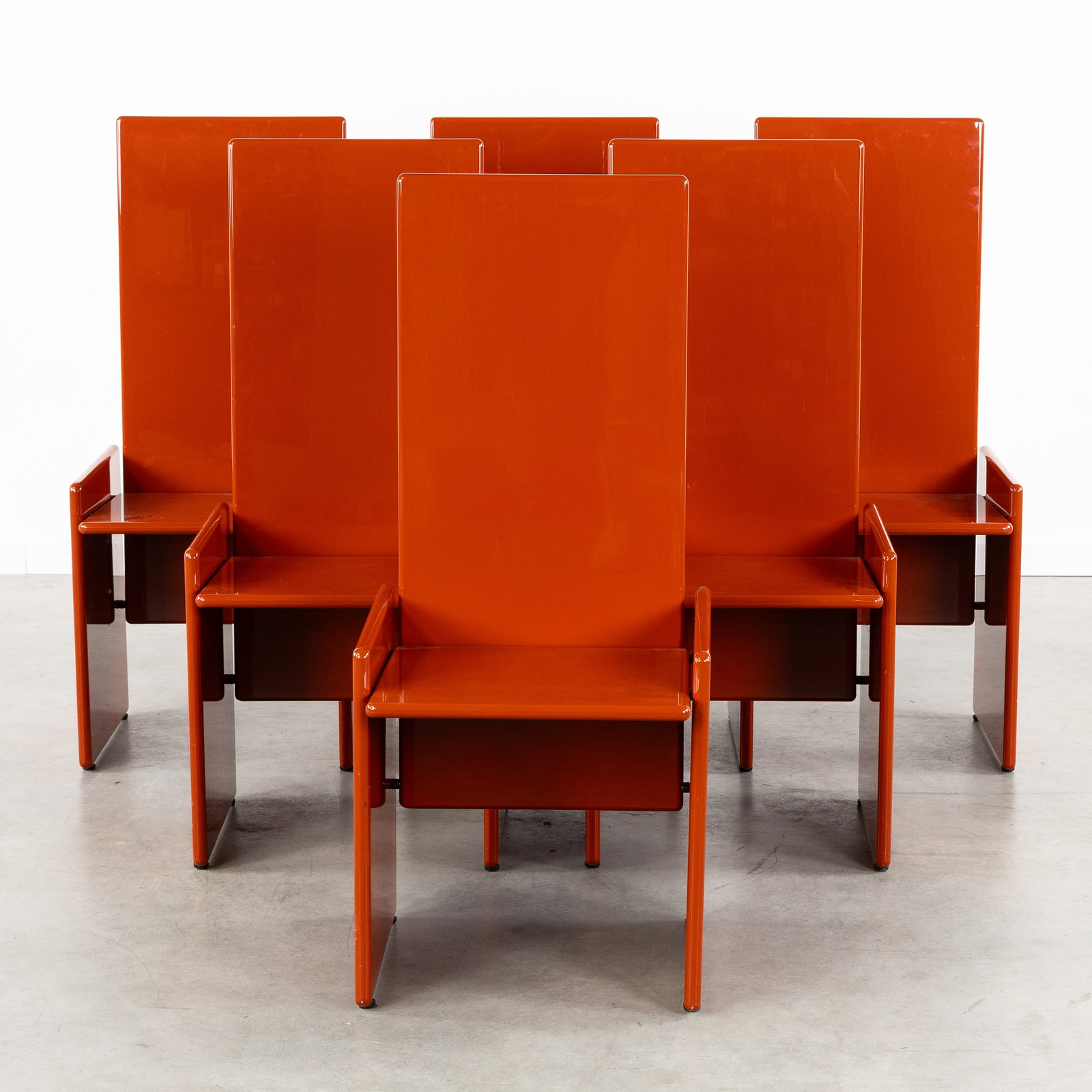 Kazuhide Takahama (1930-2010) 'Kazuki Chair', a set of 6 chairs, for Simon Gavina, Italy, circa: Kazuhide Takahama (1930-2010) 'Kazuki Chair', a set of 6 chairs, for Simon Gavina, Italy, circa 1970. Red lacquered wood.Six dining chairs.Design by Kazuhide Takahama, in 1968, for Studio Simon Gavina