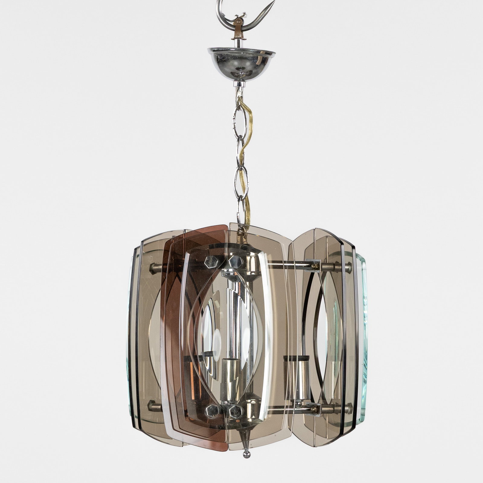 Max Ingrand (1908-1969) (Attr.) a pendant lamp with tinted glass panels, for Fontana Arte, Italy,: Max Ingrand (1908-1969) (Attr.) a pendant lamp with tinted glass panels, for Fontana Arte, Italy, circa 1960. Tinted glass and chrome-plated metal.Design attributed to Max Ingrand, for Fontana Arte.3 