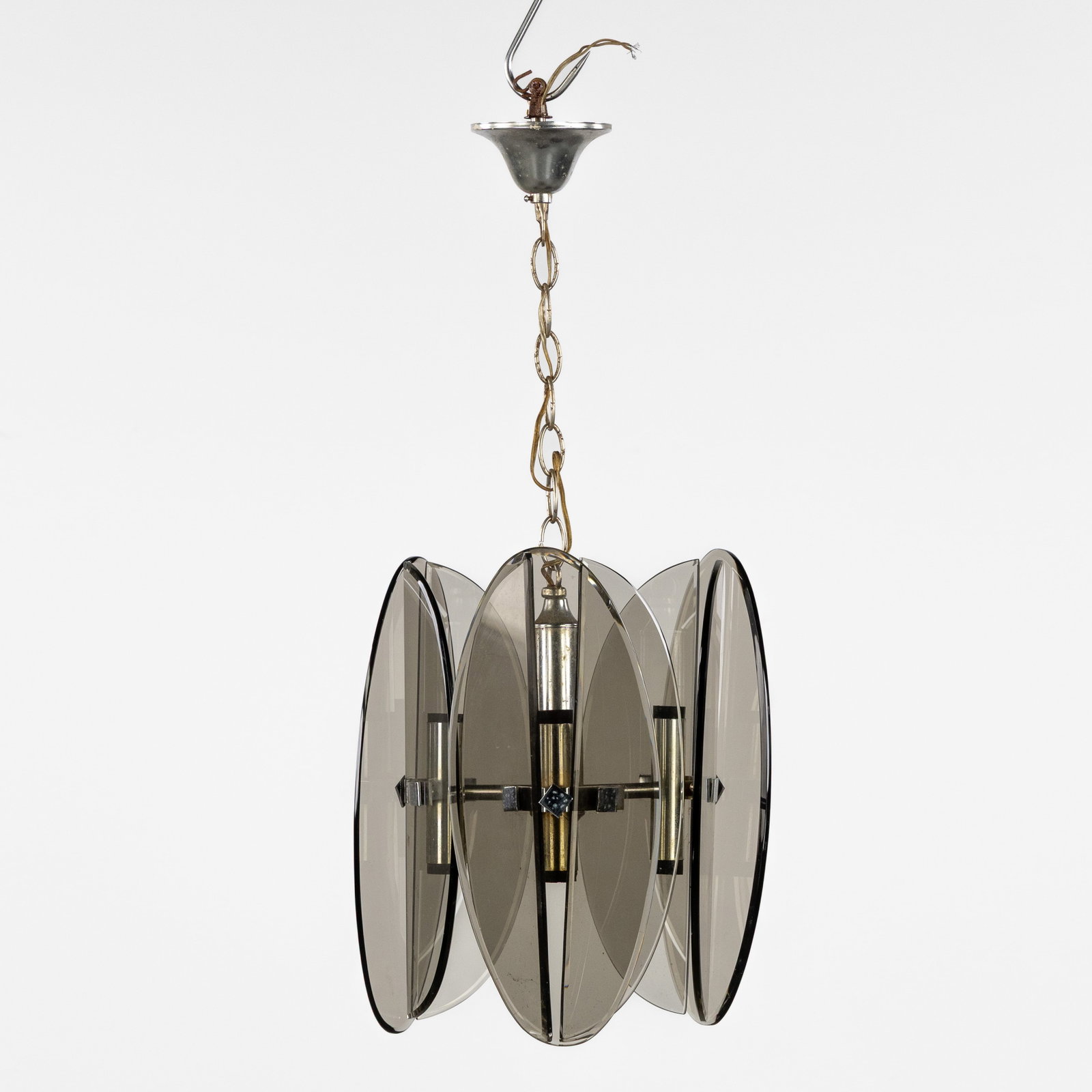 Max Ingrand (1908-1969) (Attr.) a pendant lamp with tinted glass panels, for Fontana Arte, Italy,: Max Ingrand (1908-1969) (Attr.) a pendant lamp with tinted glass panels, for Fontana Arte, Italy, circa 1960. Tinted glass and chrome-plated metal.Design attributed to Max Ingrand, for Fontana Arte.6 