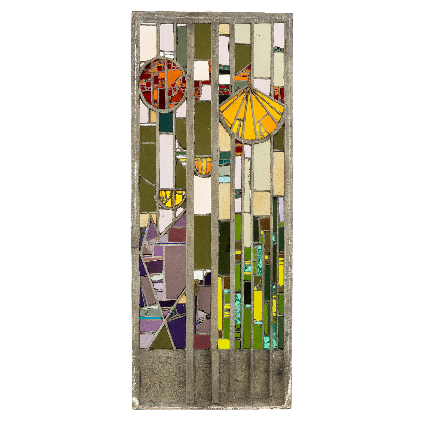 Pia Manu (XX) a large stained glass window or wall sculpture, circa 1980.: Pia Manu (XX) a large stained glass window or wall sculpture, circa 1980. Concrete and coloured glass. Design by Koen Dewaele Dimensions: (W:87 x H:215,5 x L:5,5 cm) The absence of a condition repor