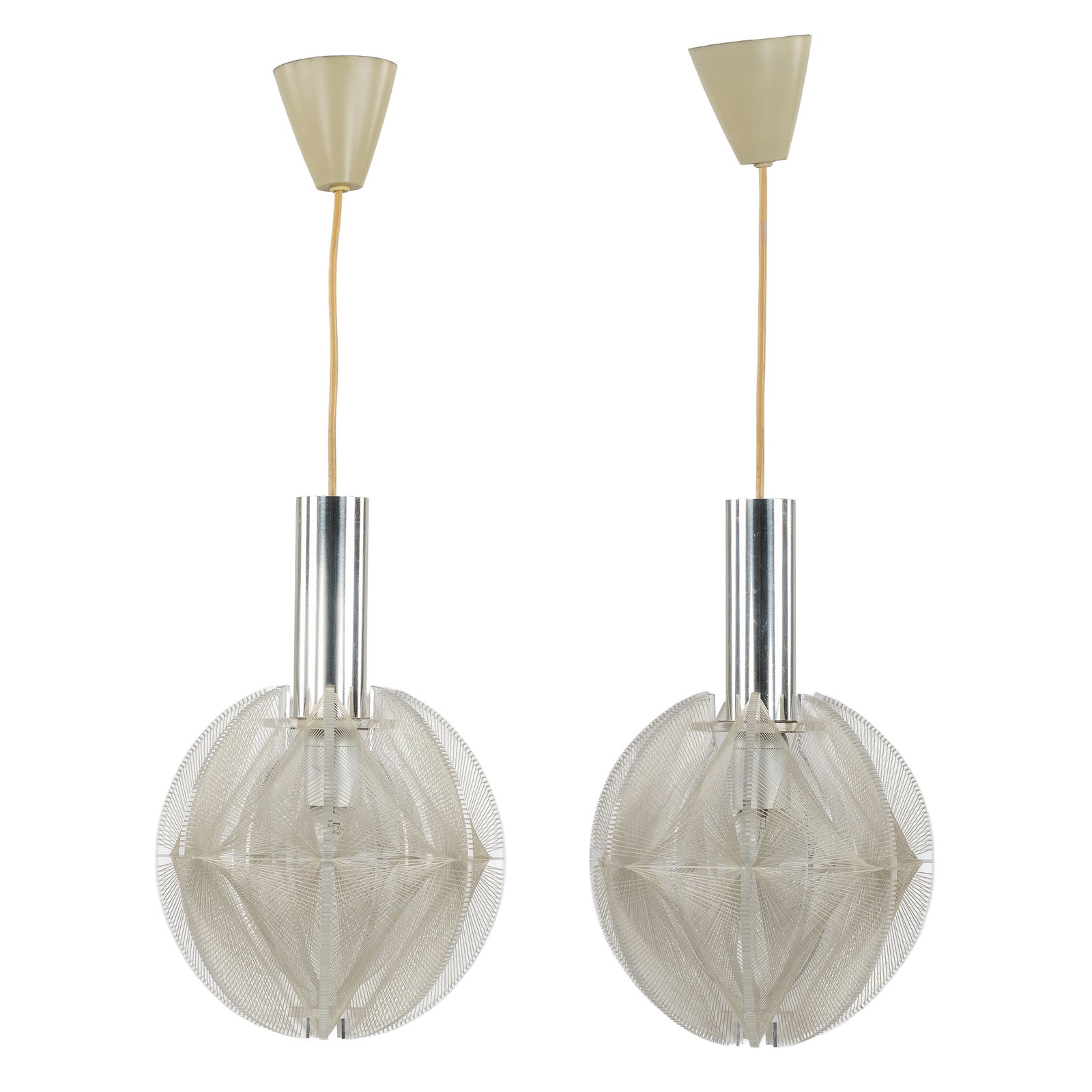 Paul Secon (1916-2007) 'Spider Web', a pair of pendant lamps, for Sompex, Germany, circa 1960-70.: Paul Secon (1916-2007) 'Spider Web', a pair of pendant lamps, for Sompex, Germany, circa 1960-70. Acrylic, nylon, and chrome-plated metal.A pair of single-light point pendant lamps.Lamp shade construc