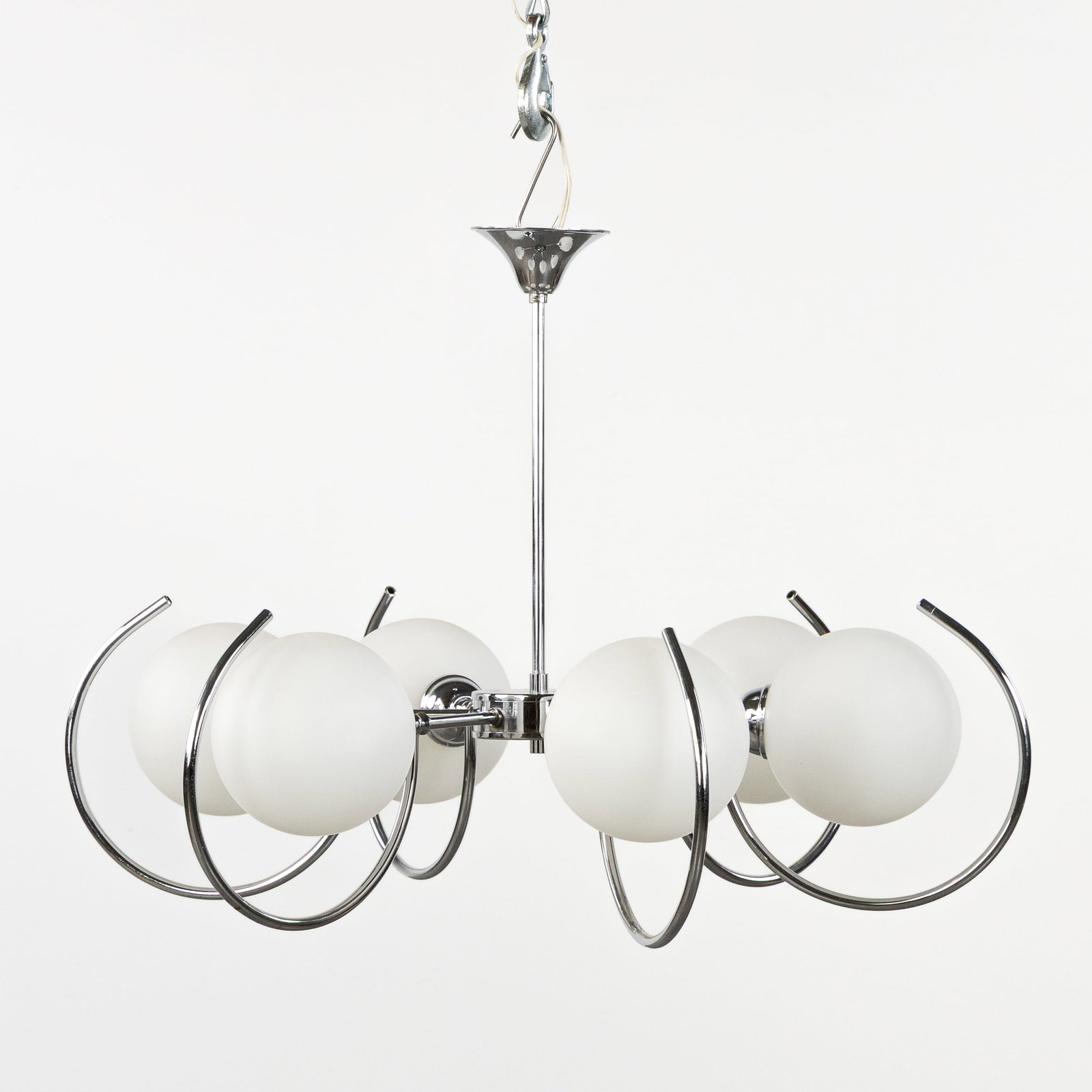 A 'Space Age' or 'Atomic' chandelier with 6 globes, chrome-plated metal and frosted opaline glass,: A 'Space Age' or 'Atomic' chandelier with 6 globes, chrome-plated metal and frosted opaline glass, circa 1980. Dimensions: (W:75 x H:50 cm) The absence of a condition report does not imply a perfect i