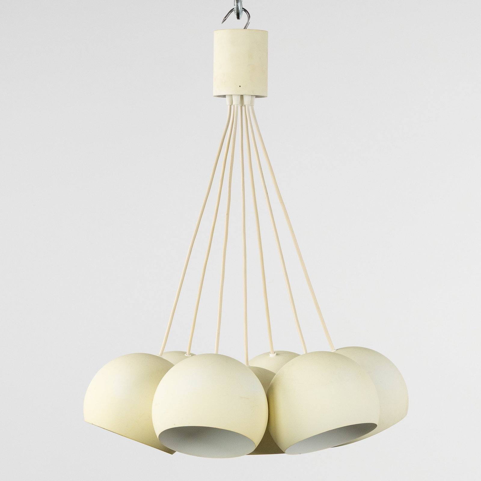 A 'Sphere' pendant lamp with 7 clustered spheres, patinated metal.: A 'Sphere' pendant lamp with 7 clustered spheres, patinated metal. White patinated metal.Pendant lamp with 7 individual spheres, suspended in a cluster. Dimensions: (W:60 x H:75 cm) The absence of a c