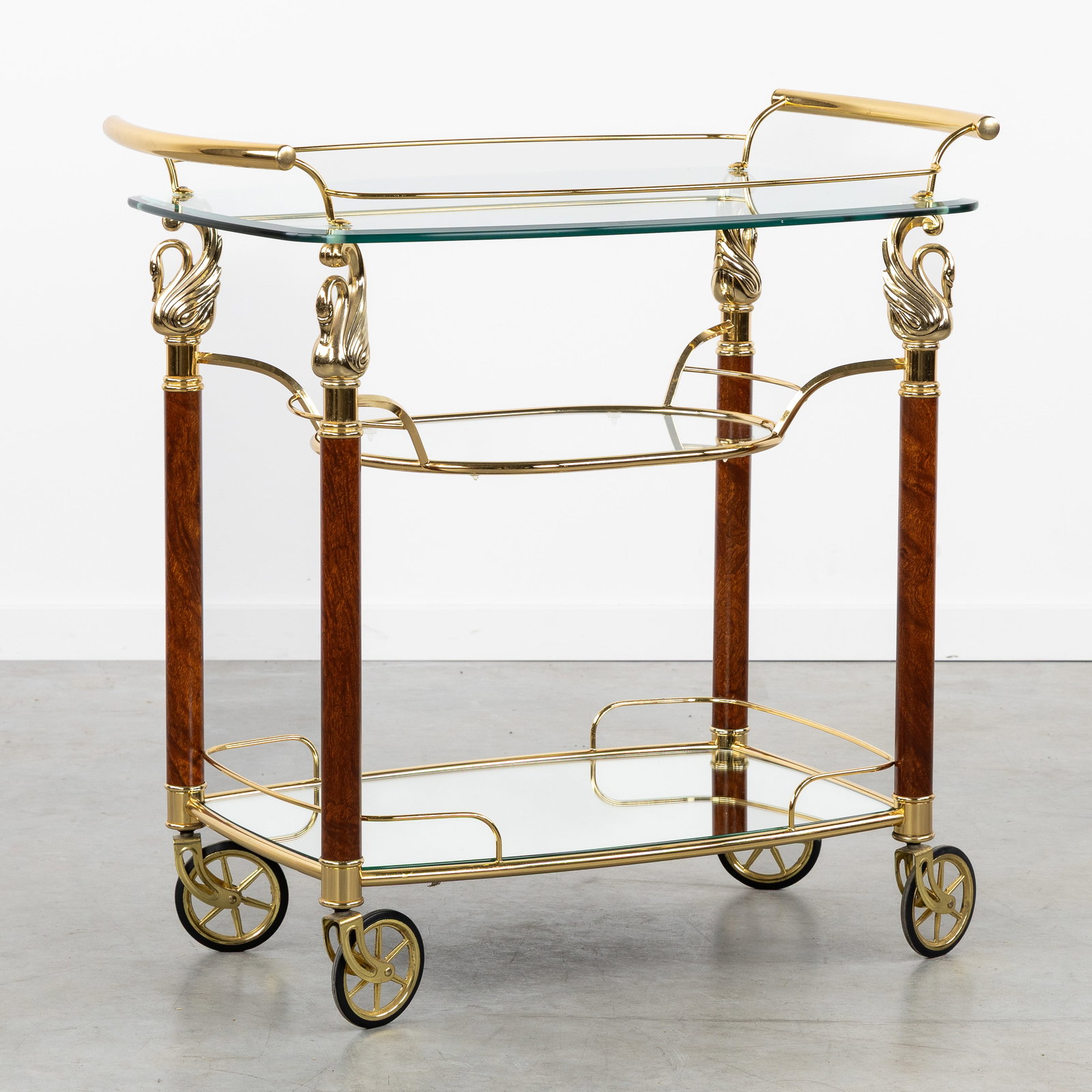 A Serving trolley or bar cart, decorated with swans, gilded metal and mirrored glass, Hollywood (1 of 8)