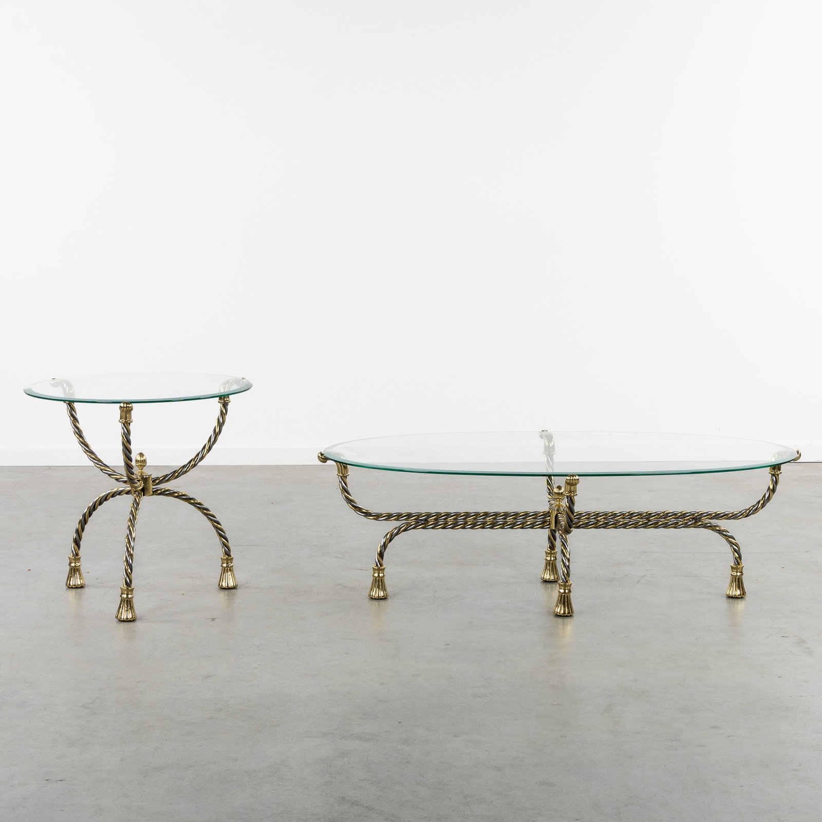 Two coffee tables, oval and round, brass, metal and glass, Hollywood Regency style, circa 1980. (1 of 7)