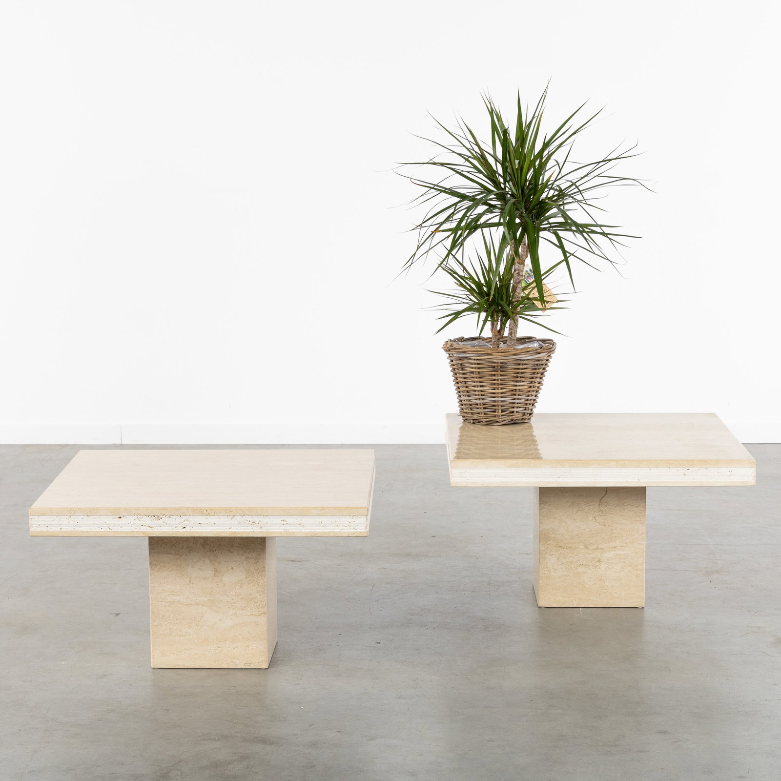 A Pair of square side tables or coffee tables with decorative rim, travertine. Circa 1980-1990. (1 of 6)