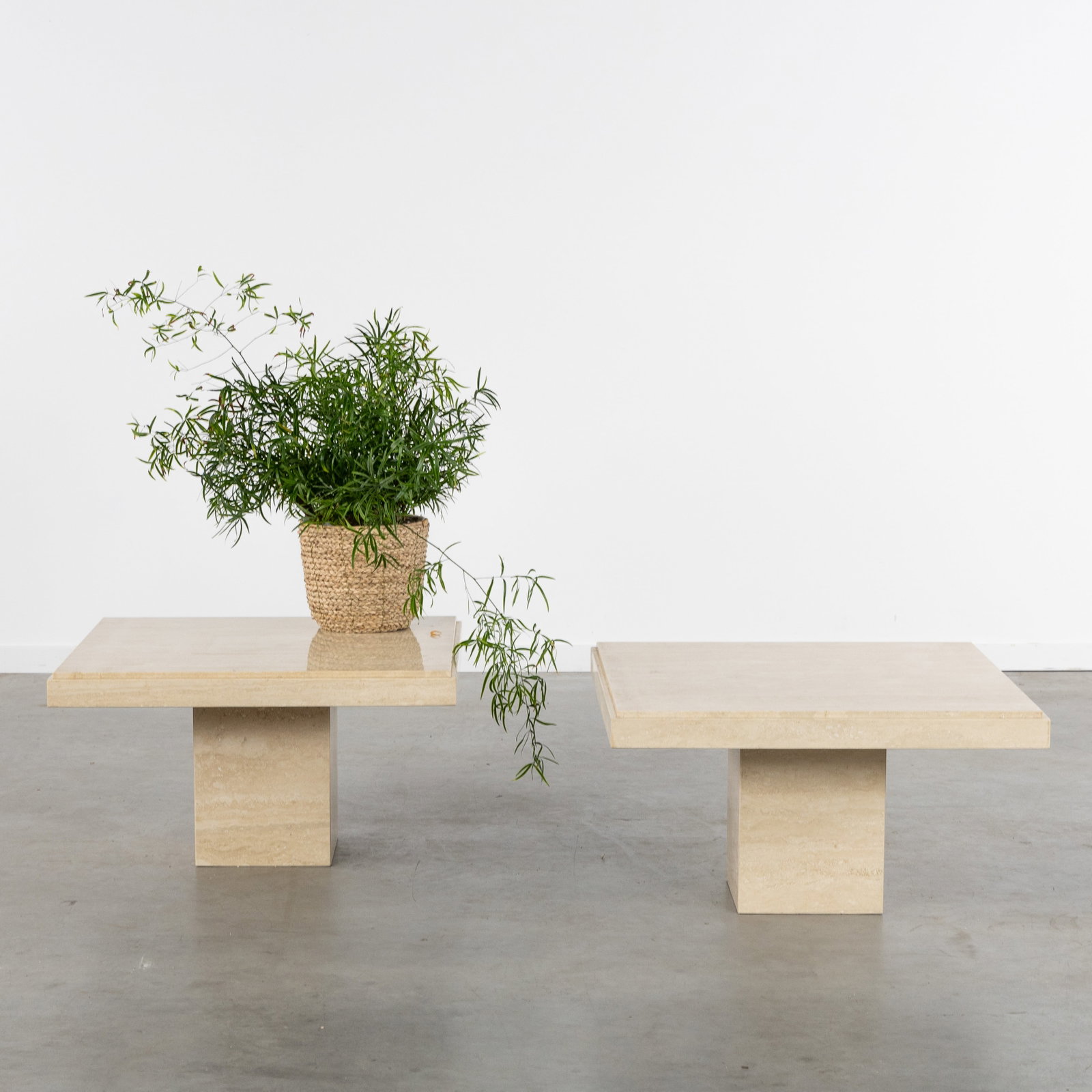 A Pair of square side tables or coffee tables, travertine. Circa 1980-1990. (1 of 6)