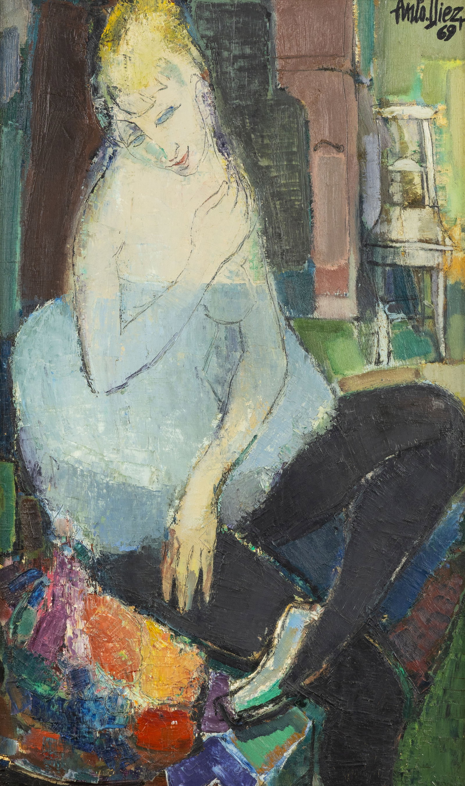 Anto Diez (1914-1992) ‘Ballerina', oil on canvas. (1969): Anto Diez (1914-1992) 'Ballerina', oil on canvas. (1969) Titled: 'Ballerina'.Oil on canvasSigned upper right, dated 1969. (112 x 73 cm) Dimensions: (W:60 x H:100 cm) The absence of a condition report 