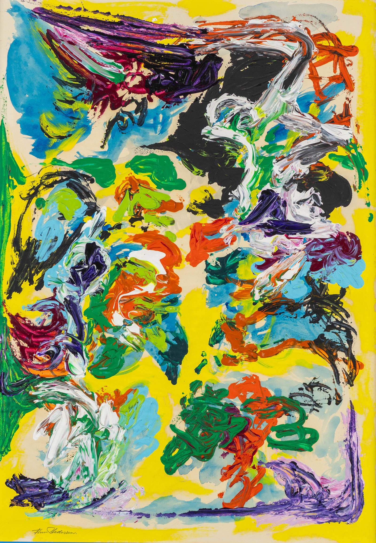 Finn Pedersen (1944-2014) 'Composition', acrylic on paper.: Finn Pedersen (1944-2014) 'Composition', acrylic on paper. Acryl on paper, mounted on a canvas. Signed lower left. (72 x 55 cm) Dimensions: (W:42 x H:59 cm) The absence of a con