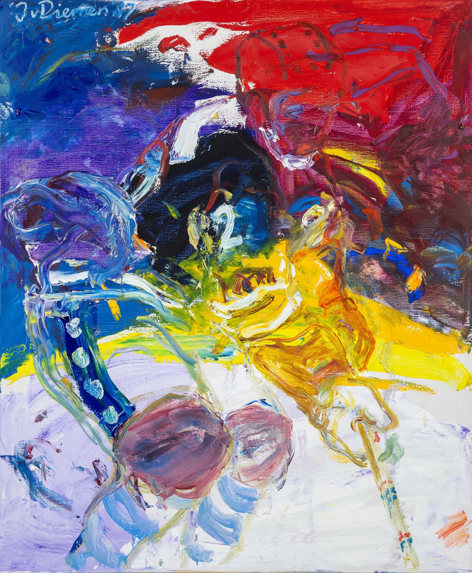 Jan Van Diemen (1954) 'Ice Hockey', oil on canvas. (1987): Jan Van Diemen (1954) 'Ice Hockey', oil on canvas. (1987) A painting, oil on canvas.Composition featuring an ice hockey player. Signed and dated in the top left corner. (116 x 96 cm) Dimens