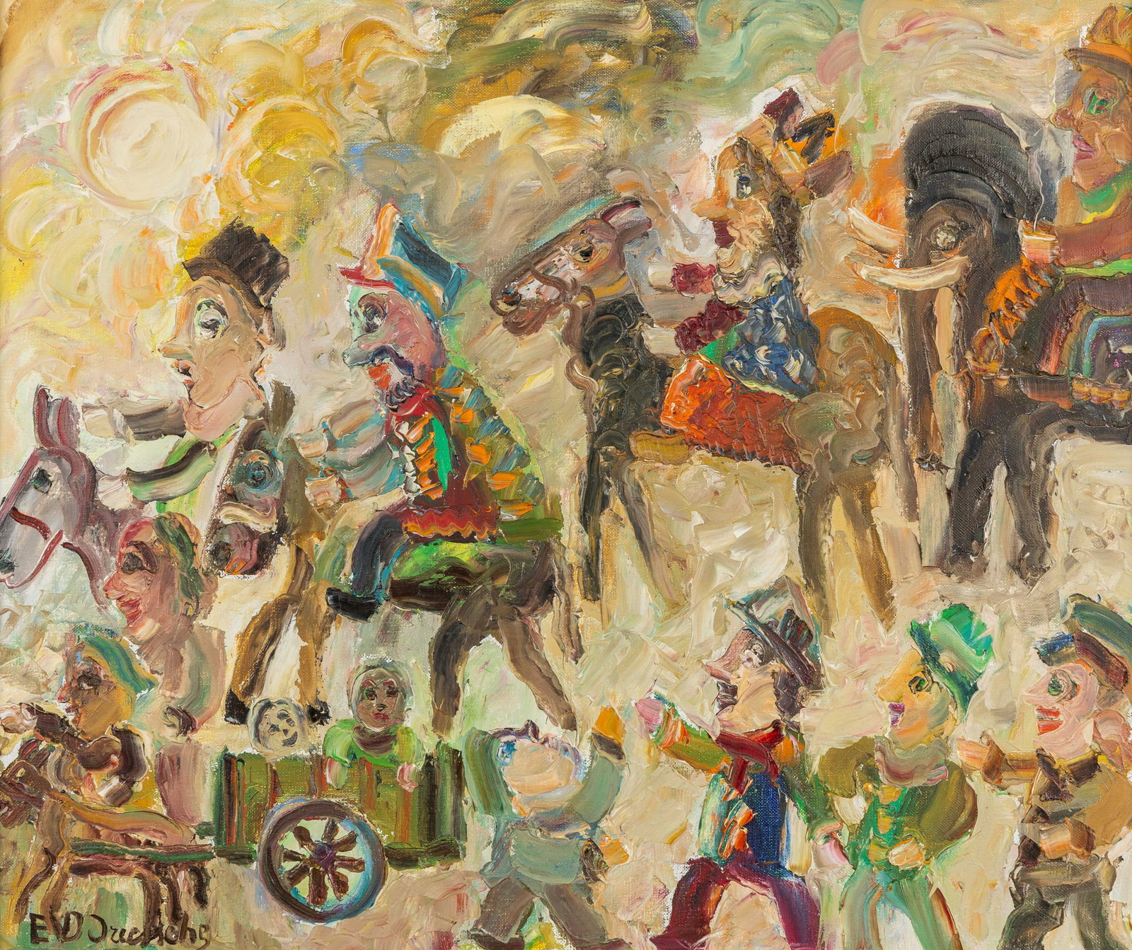 Ernest Van Den Driessche (1894-1985) ‘Carnival with Donkeys and Elephant' oil on canvas. (1 of 7)