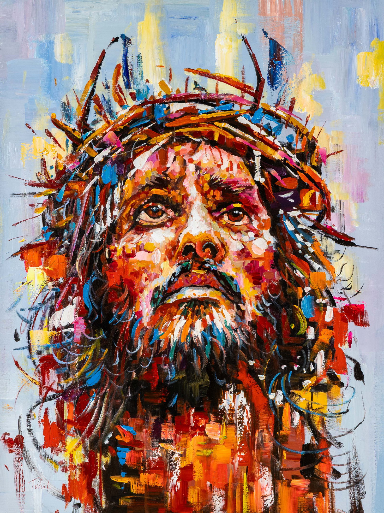 Loïc Tuhal (1968) “Suffering Christ??, acrylic on canvas.: Loïc Tuhal (1968) 'Suffering Christ', acrylic on canvas. Acrylic on canvas. Signed lower left. A certificate is included. (127 x 97 cm) Dimensions: (W:90 x H:120 cm) The absence of a 