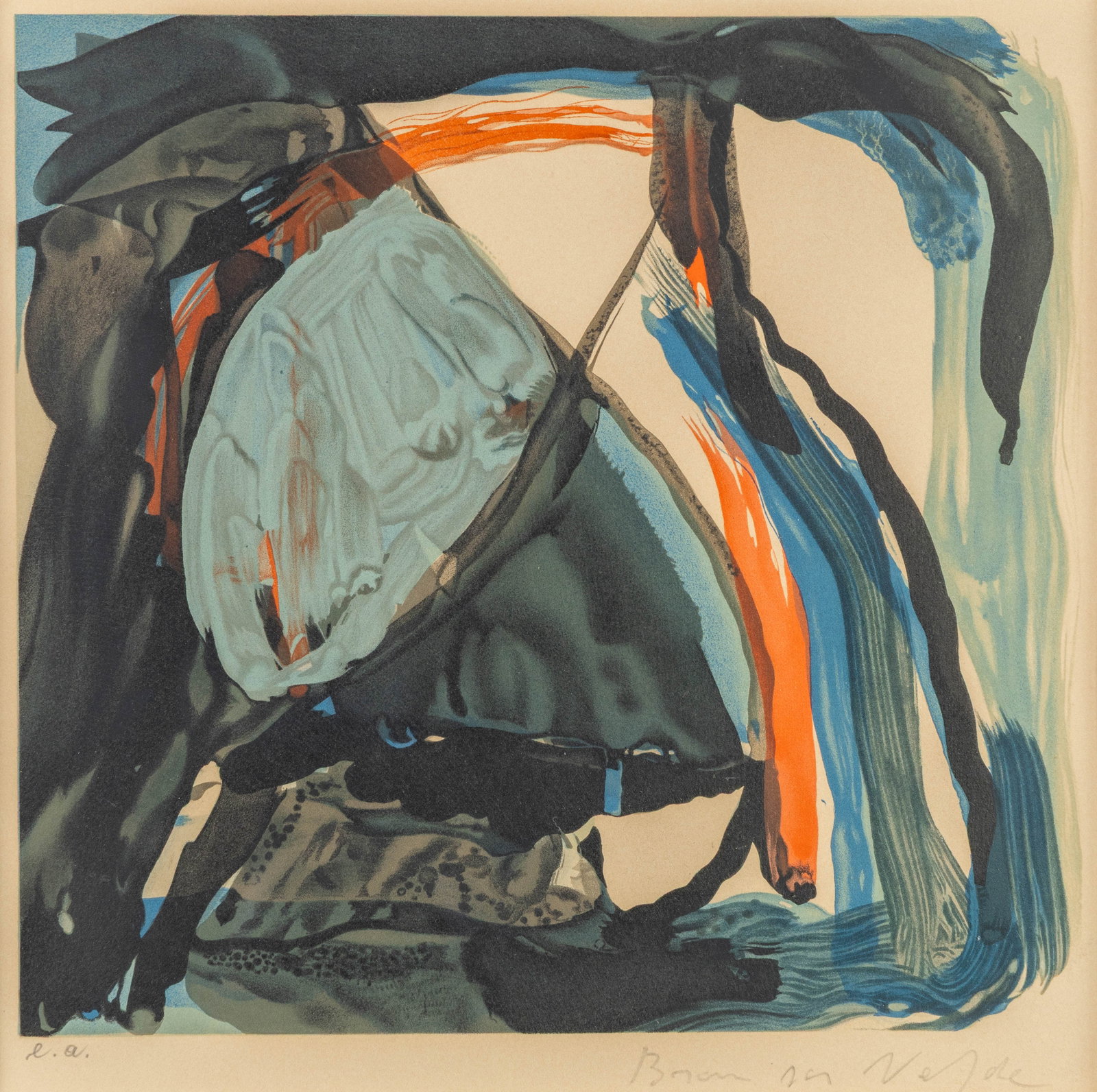 Bram Van Velde (1895–1981) ‘Composition', a lithograph.: Bram Van Velde (1895–1981) 'Composition', a lithograph. A lithograph. Signed 'e.a.' for 'Epreuve D'Artiste' at the bottom left. Signed at the bottom right. (53.5 x 52 cm) Dimensions: (W:29,5 x H:28 