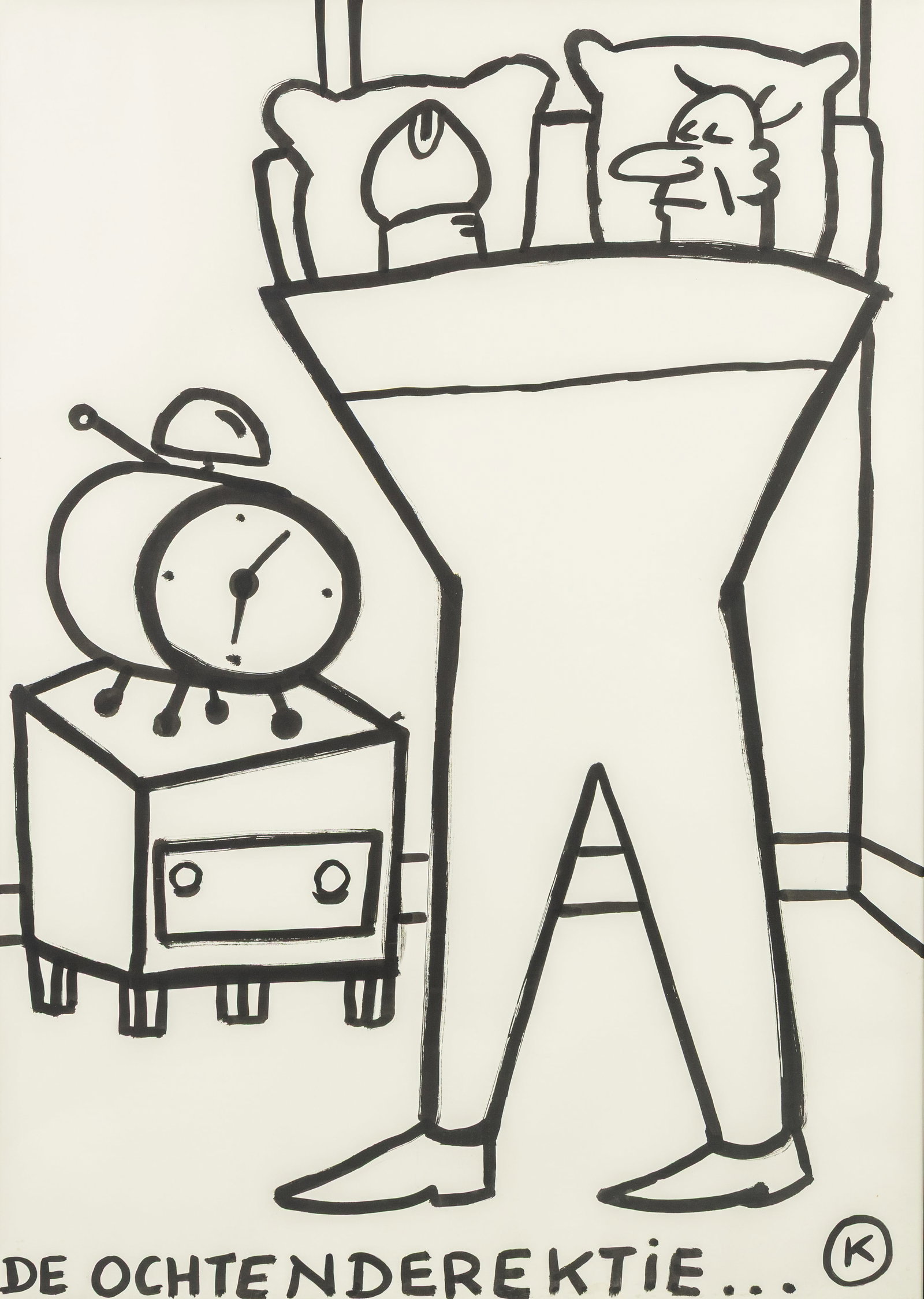 Kamagurka (1956) 'Ochtenderektie', ink on paper.: Kamagurka (1956) 'Ochtenderektie', ink on paper. Ink on paper, framed. Monogrammed bottom right Titled at the bottom. (143 x 103 cm) Dimensions: (W:100 x H:140 cm) The absence of a con