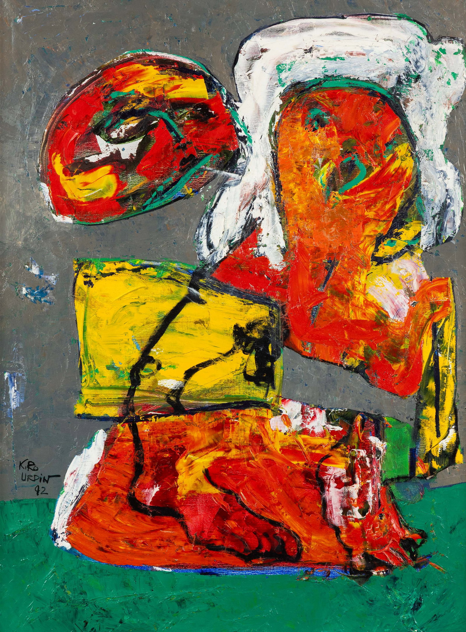 Kiro Urdin (1945) 'Figurative Composition', oil on canvas (1992).: Kiro Urdin (1945) 'Figurative Composition', oil on canvas (1992). Oil on canvas.Signed and dated lower left. (110 x 90 cm) Dimensions: (W:60 x H:82 cm) The absence of a condition report does not imply
