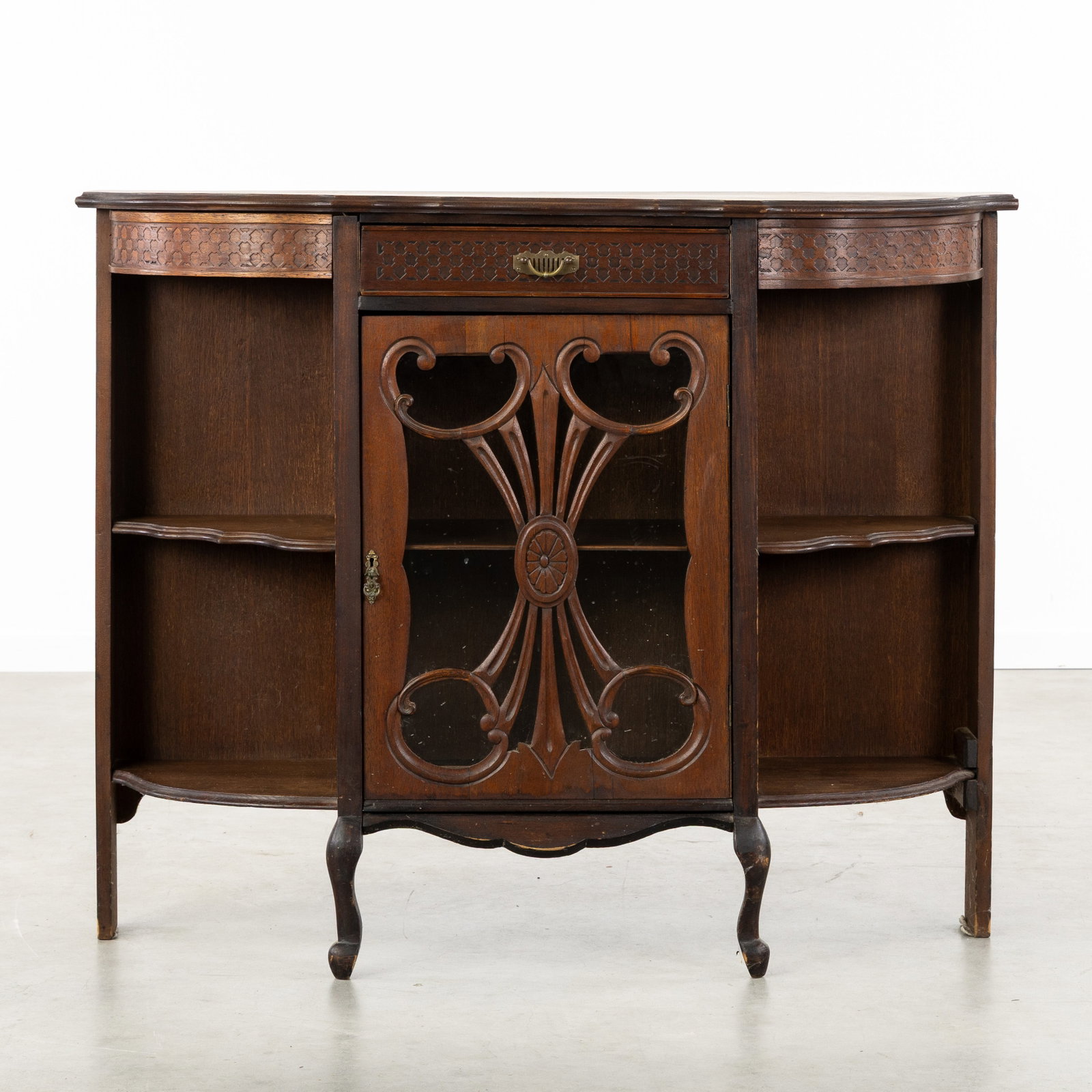 An Art Nouveau Side cabinet or Display cabinet, sculptured wood and glass, Art Nouveau, circa 1900. (1 of 8)