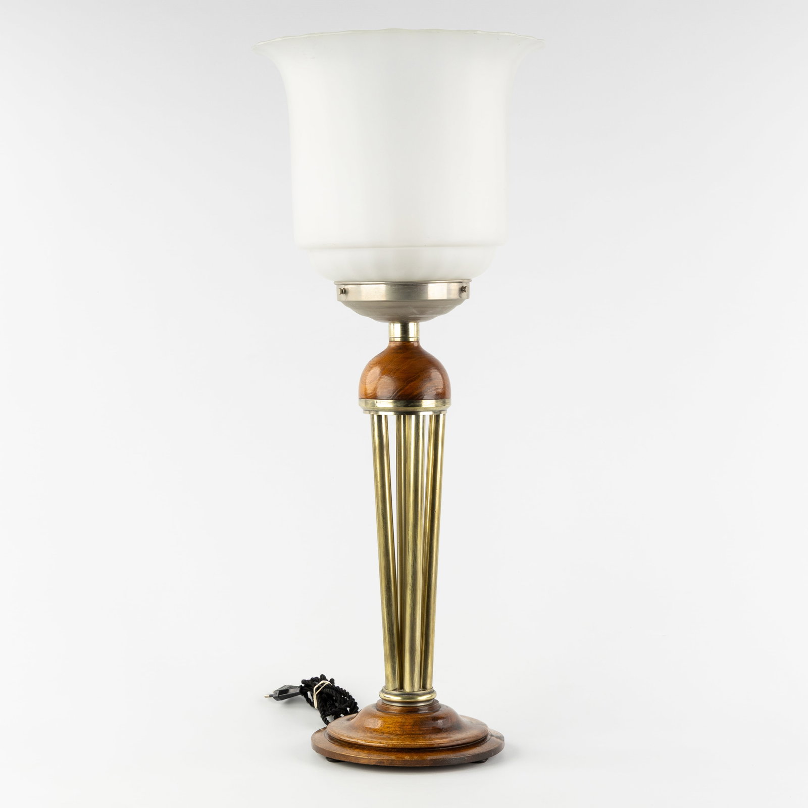 A Large French Art Deco table lamp, turned wood, metal, and frosted glass. Art Deco, circa 1940. (1 of 6)